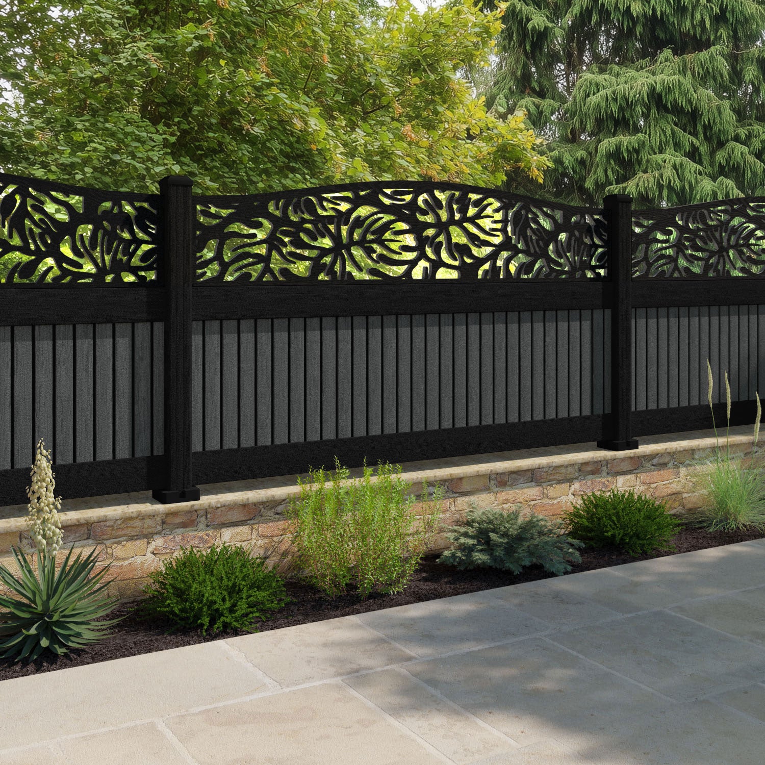 Virtis Botanic Curved Top Fence Panel - Dark Grey - with our composite posts