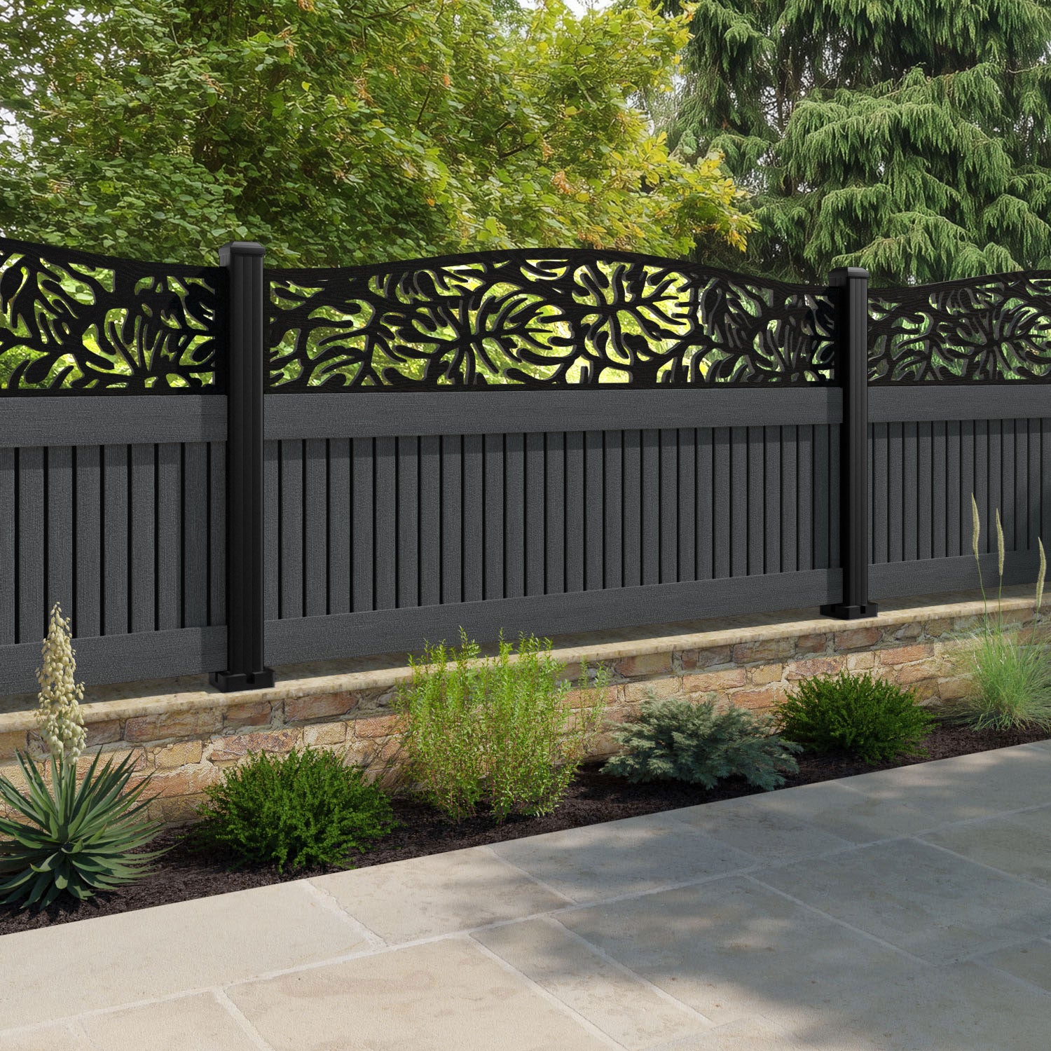 Virtis Botanic Curved Top Fence Panel - Dark Grey - with our aluminium posts