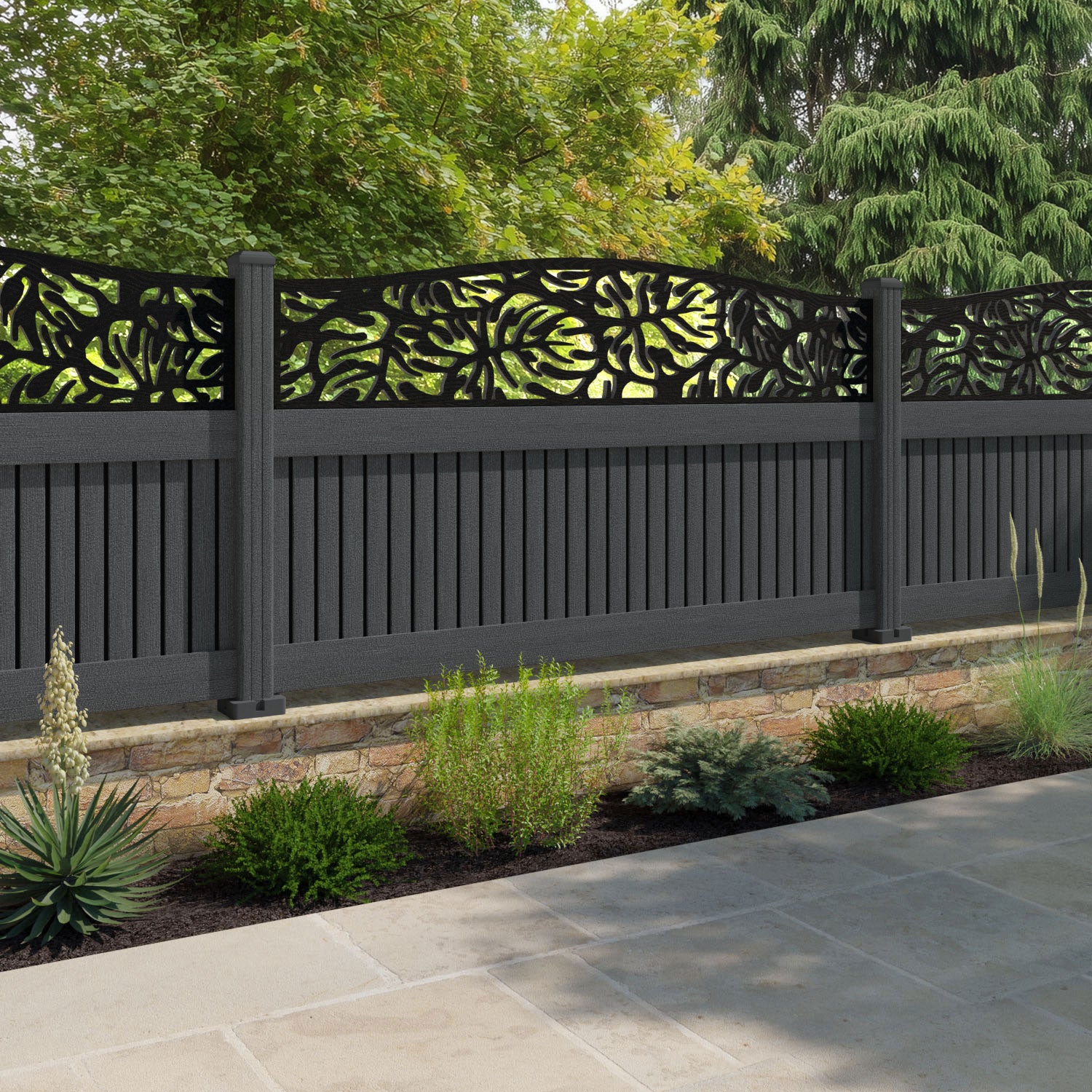 Virtis Botanic Curved Top Fence Panel - Dark Grey - with our composite posts