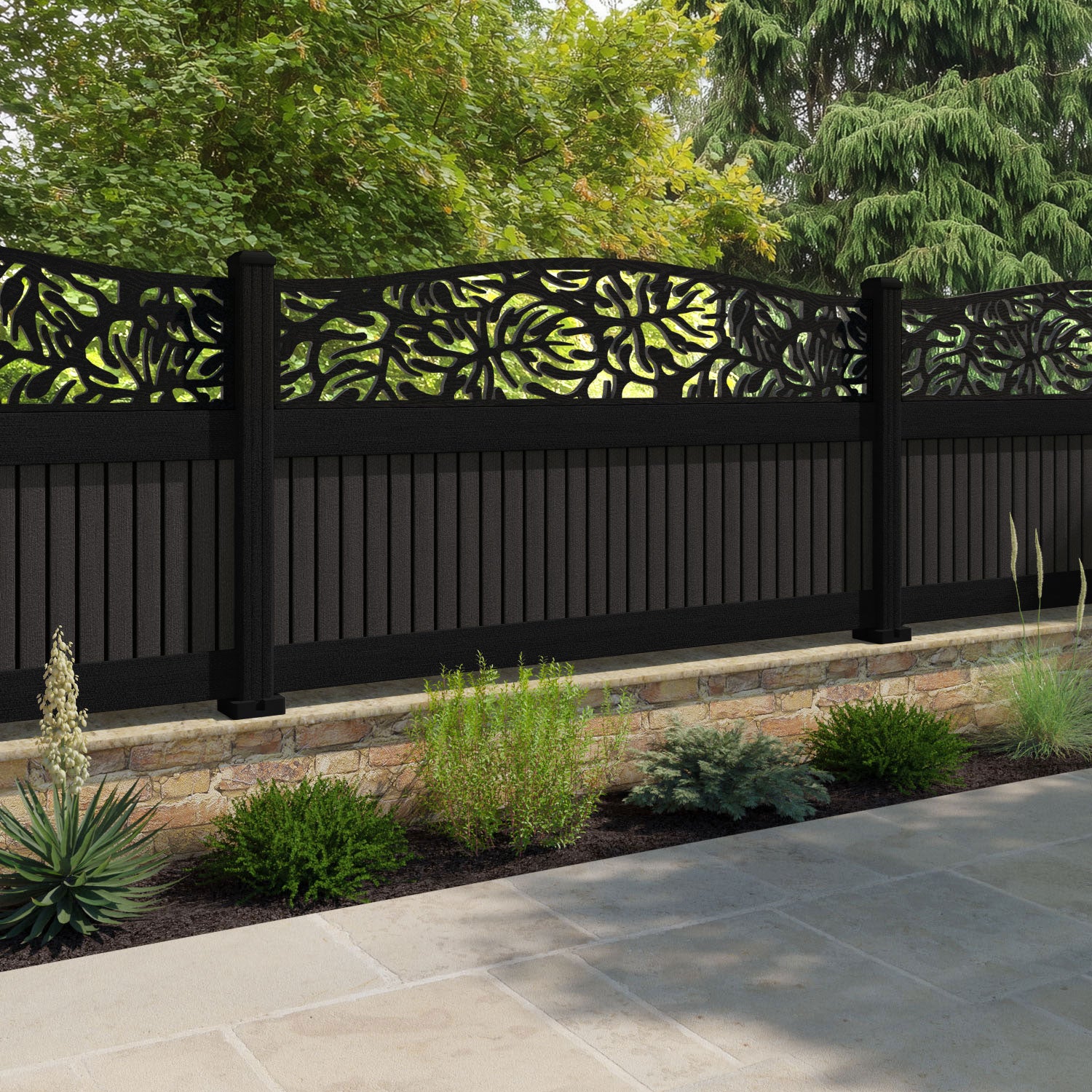 Virtis Botanic Curved Top Fence Panel - Dark Oak - with our composite posts