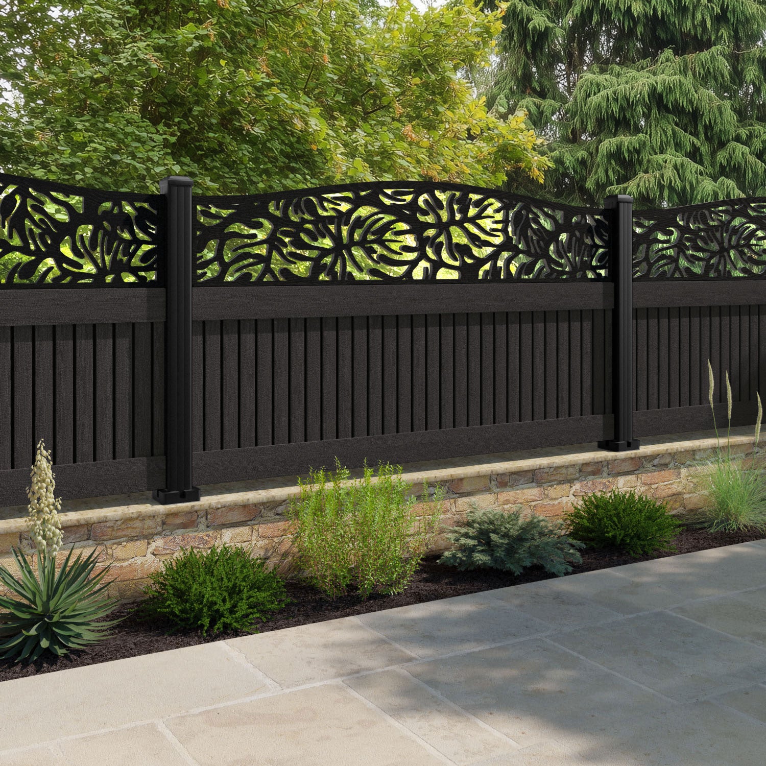 Virtis Botanic Curved Top Fence Panel - Dark Oak - with our composite posts