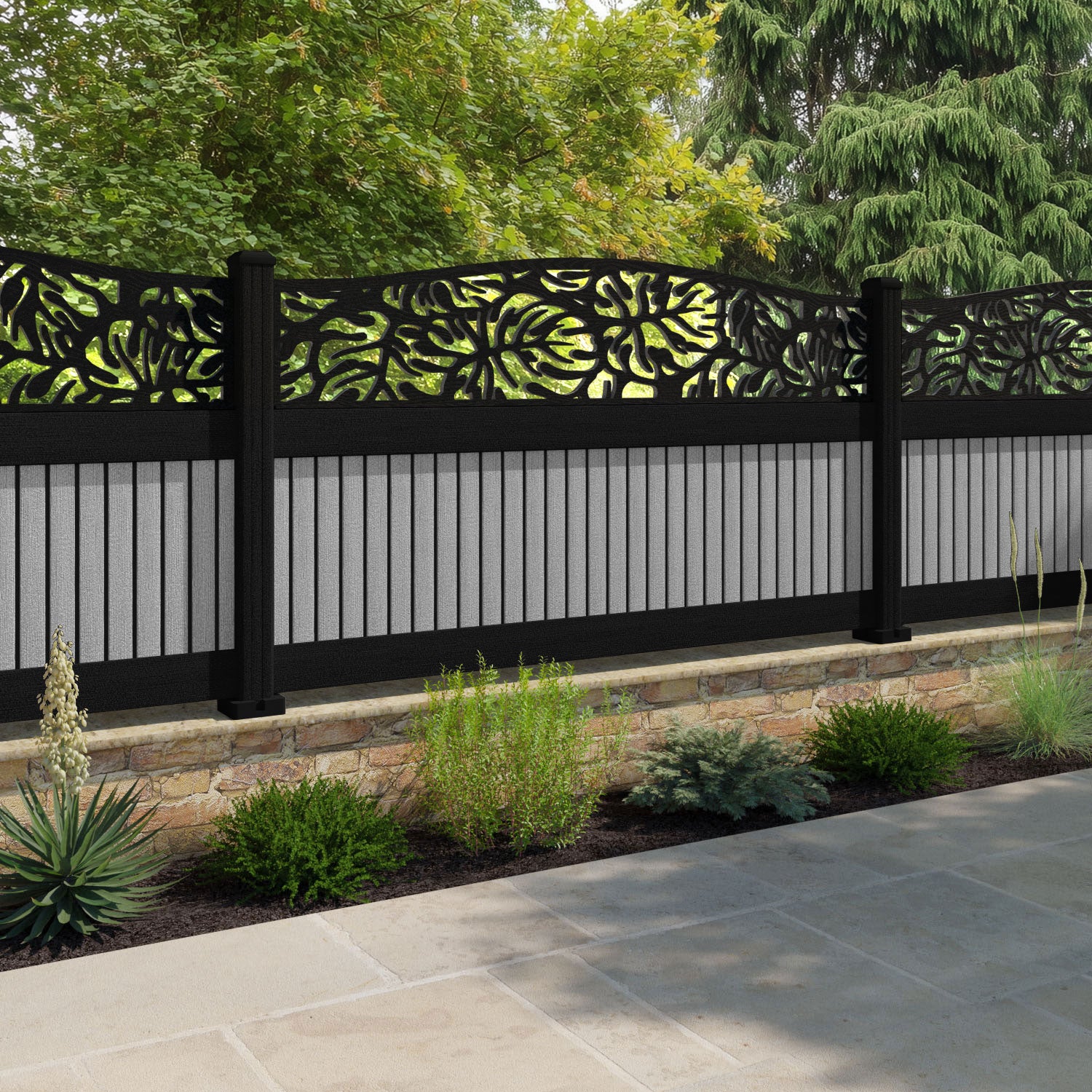 Virtis Botanic Curved Top Fence Panel - Light Grey - with our aluminium posts