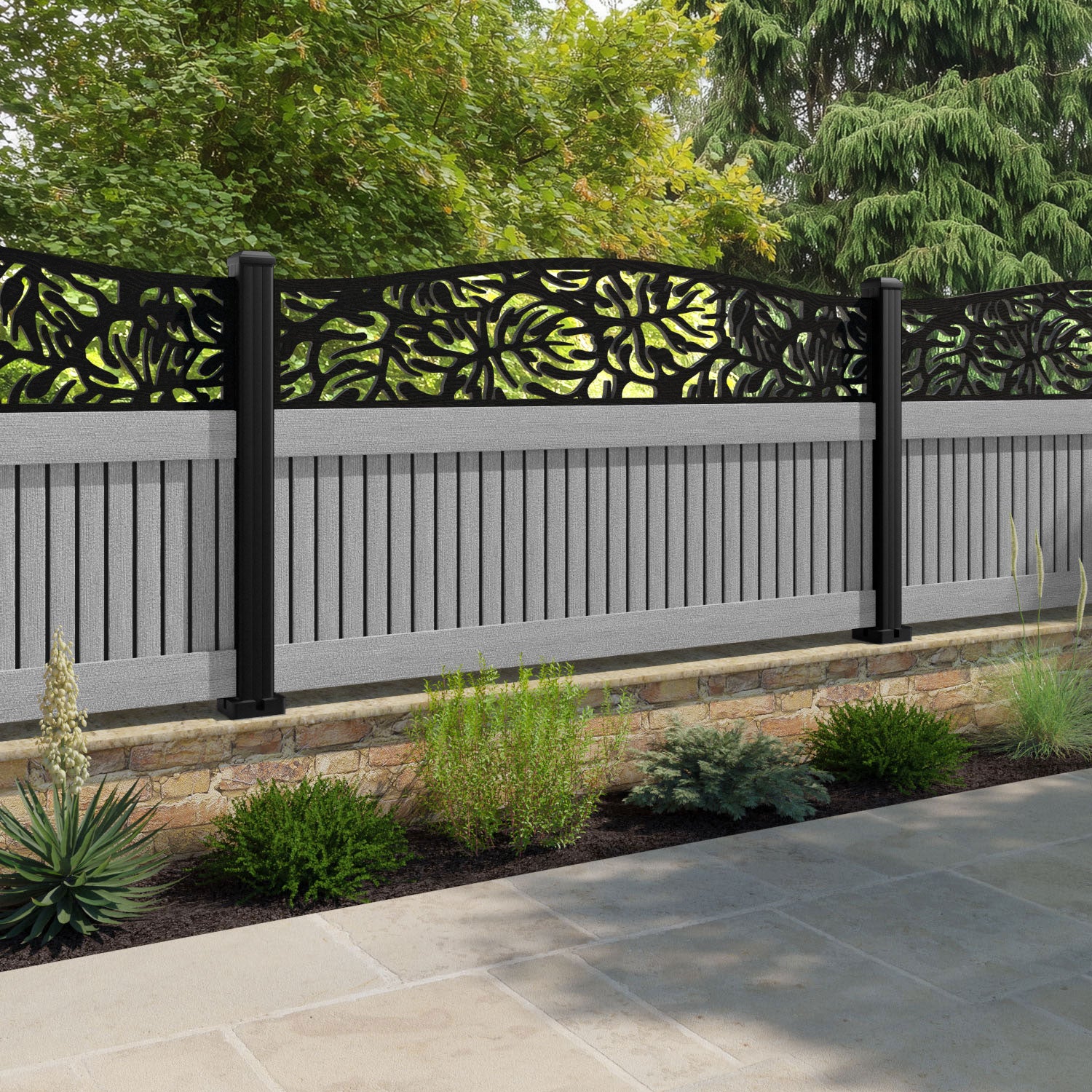 Virtis Botanic Curved Top Fence Panel - Light Grey - with our aluminium posts