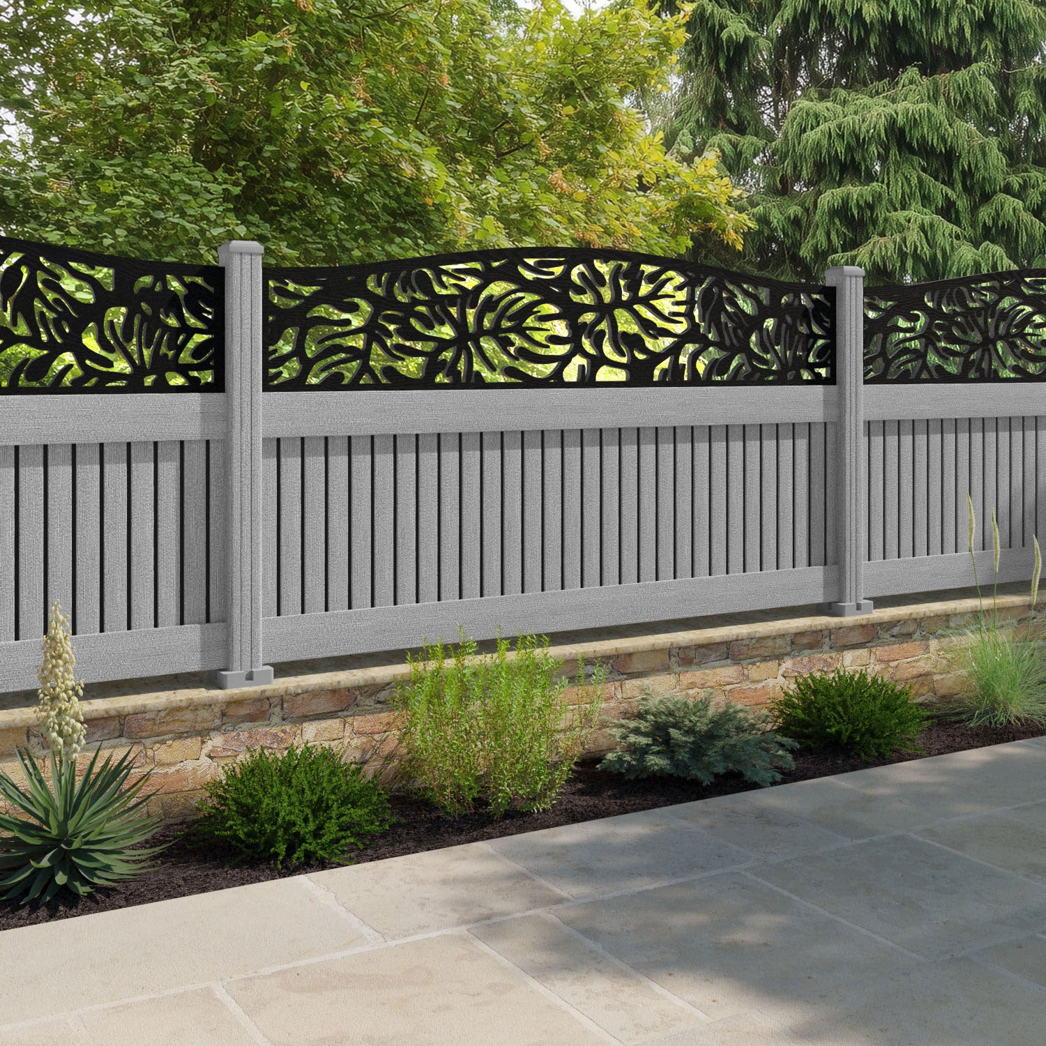 Virtis Botanic Curved Top Fence Panel - Light Grey - with our composite posts