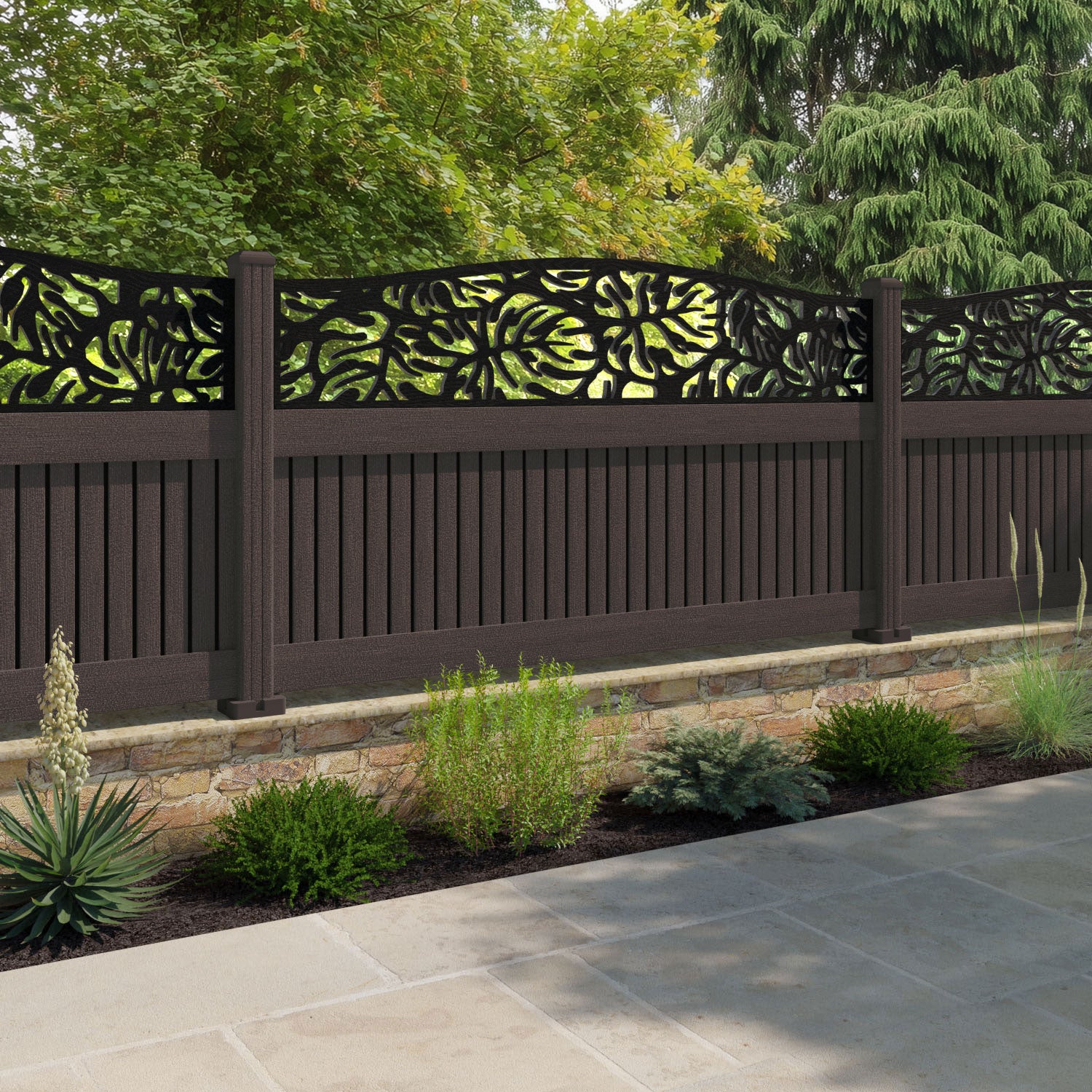 Virtis Botanic Curved Top Fence Panel - Mid Brown - with our composite posts