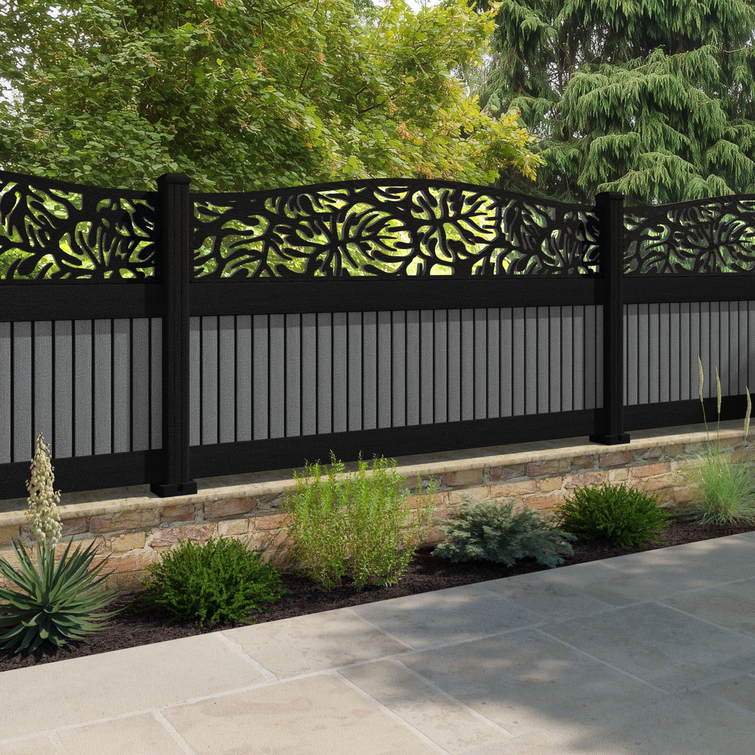 Virtis Botanic Curved Top Fence Panel - Mid Grey - with our composite posts