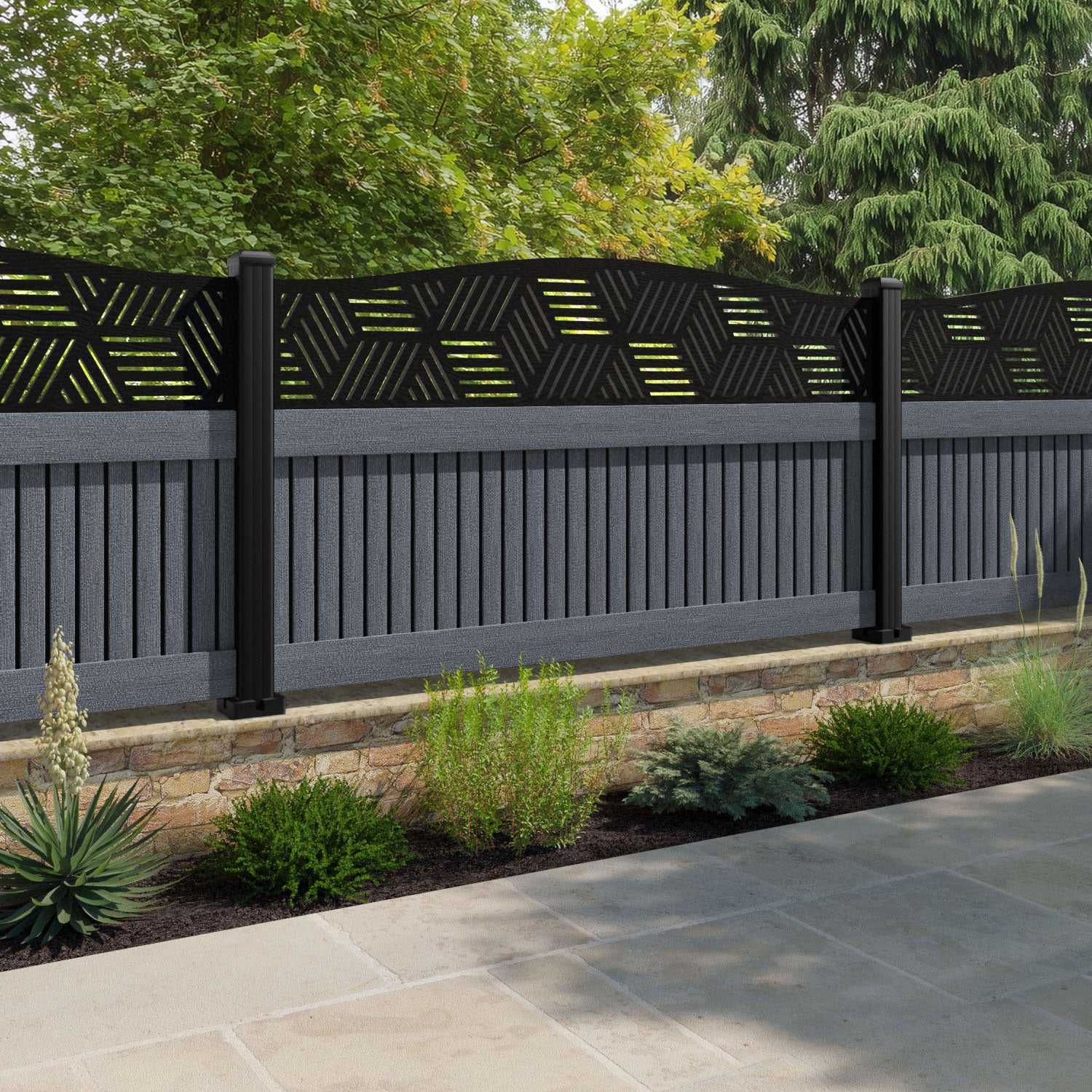 Virtis Cubed Curved Top Fence Panel - Anthracite - with our composite posts