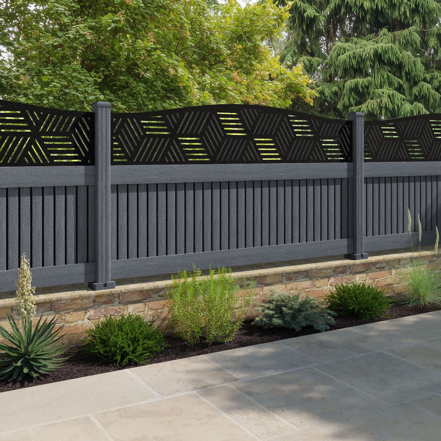 Virtis Cubed Curved Top Fence Panel - Anthracite - with our composite posts