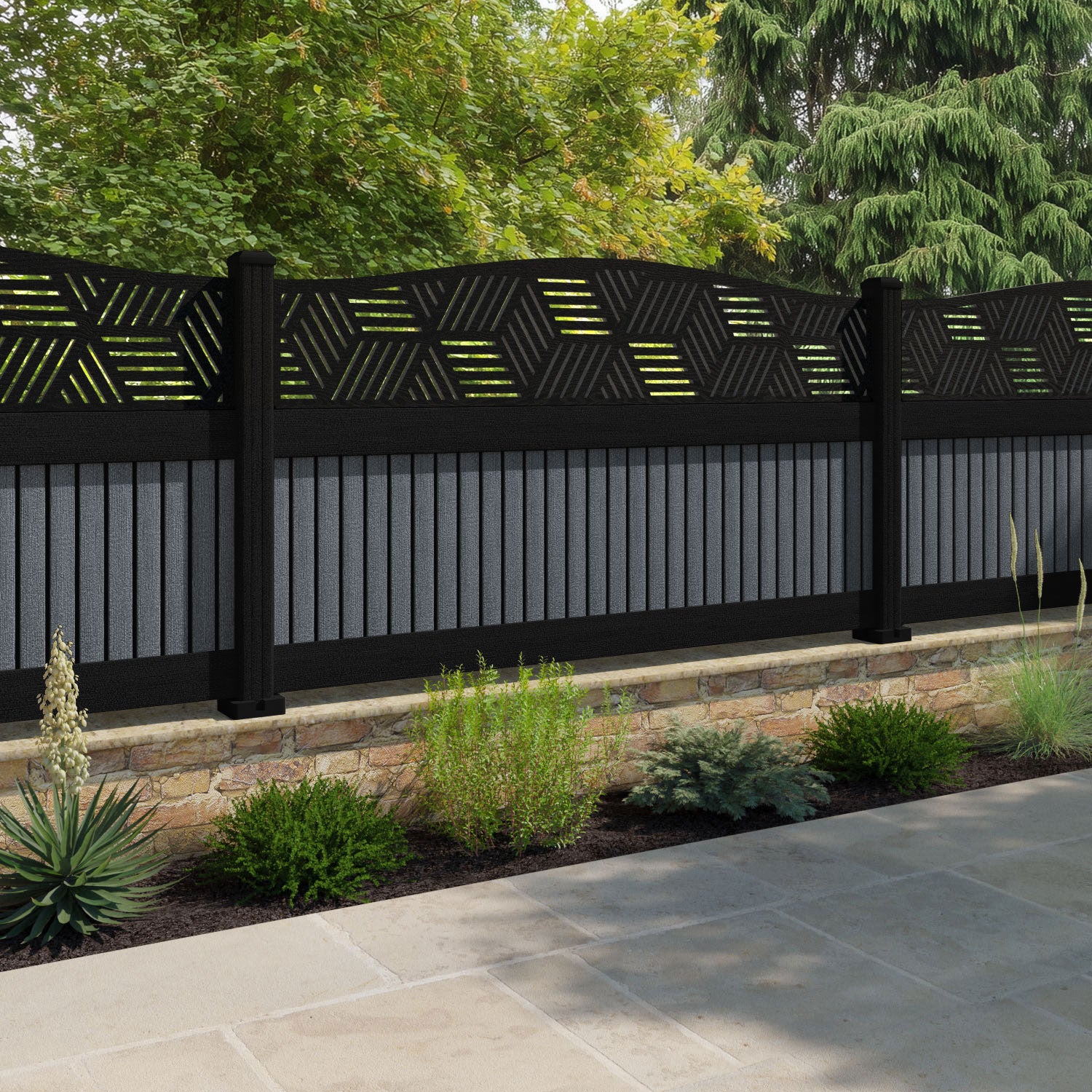 Virtis Cubed Curved Top Fence Panel - Anthracite - with our composite posts