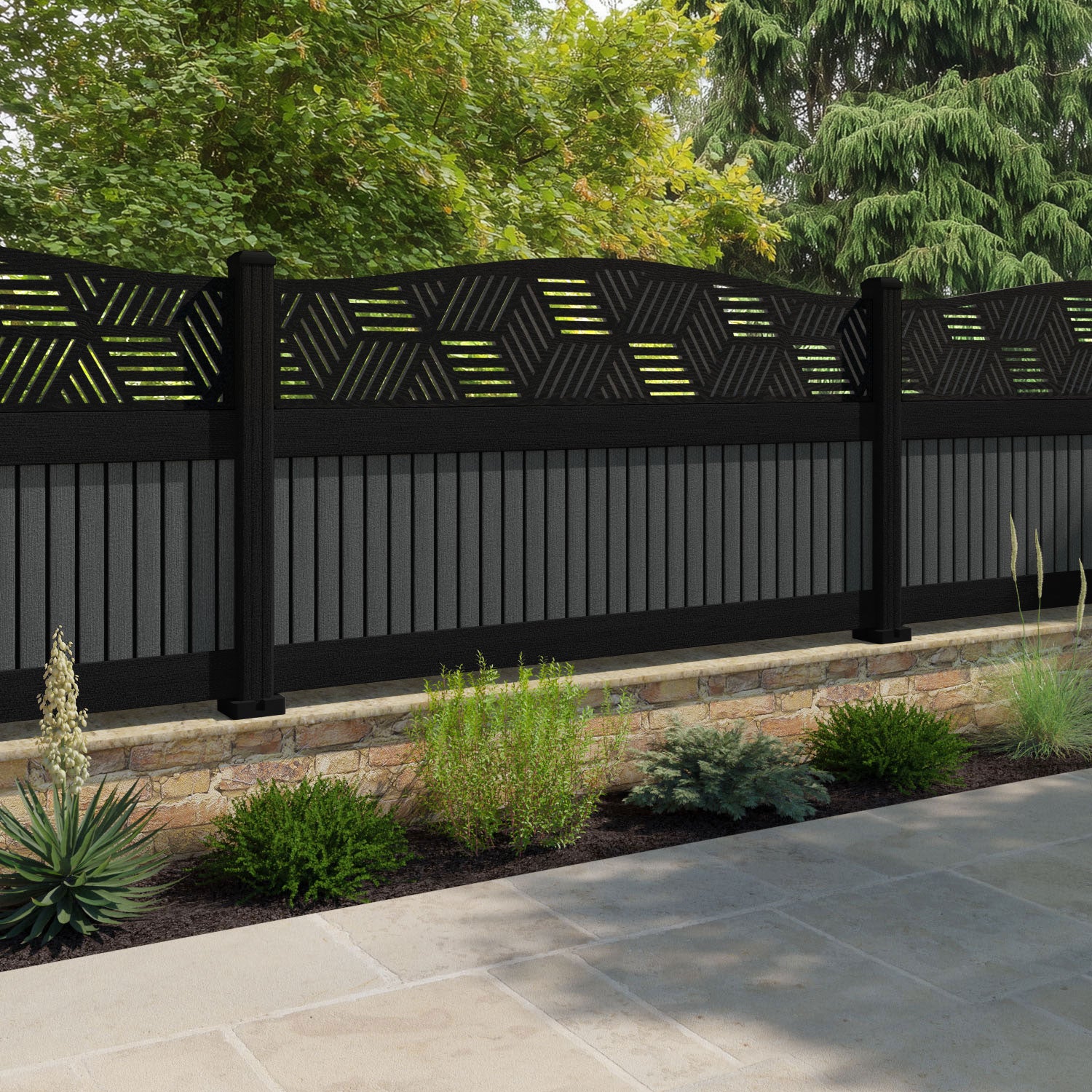 Virtis Cubed Curved Top Fence Panel - Dark Grey - with our composite posts