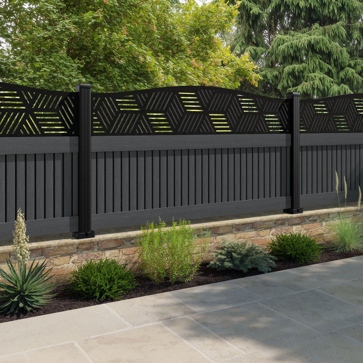 Virtis Cubed Curved Top Fence Panel - Dark Grey - with our composite posts