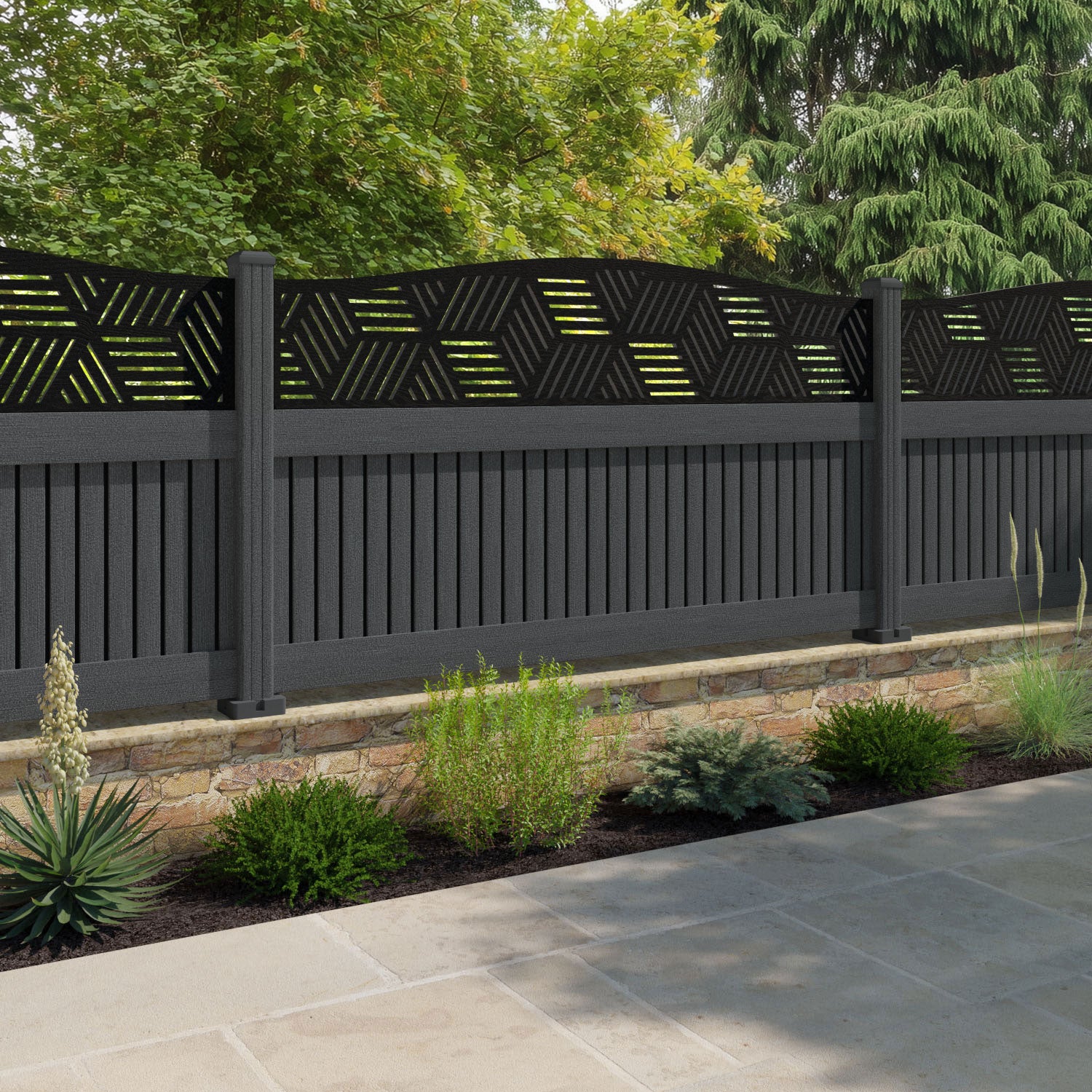 Virtis Cubed Curved Top Fence Panel - Dark Grey - with our composite posts