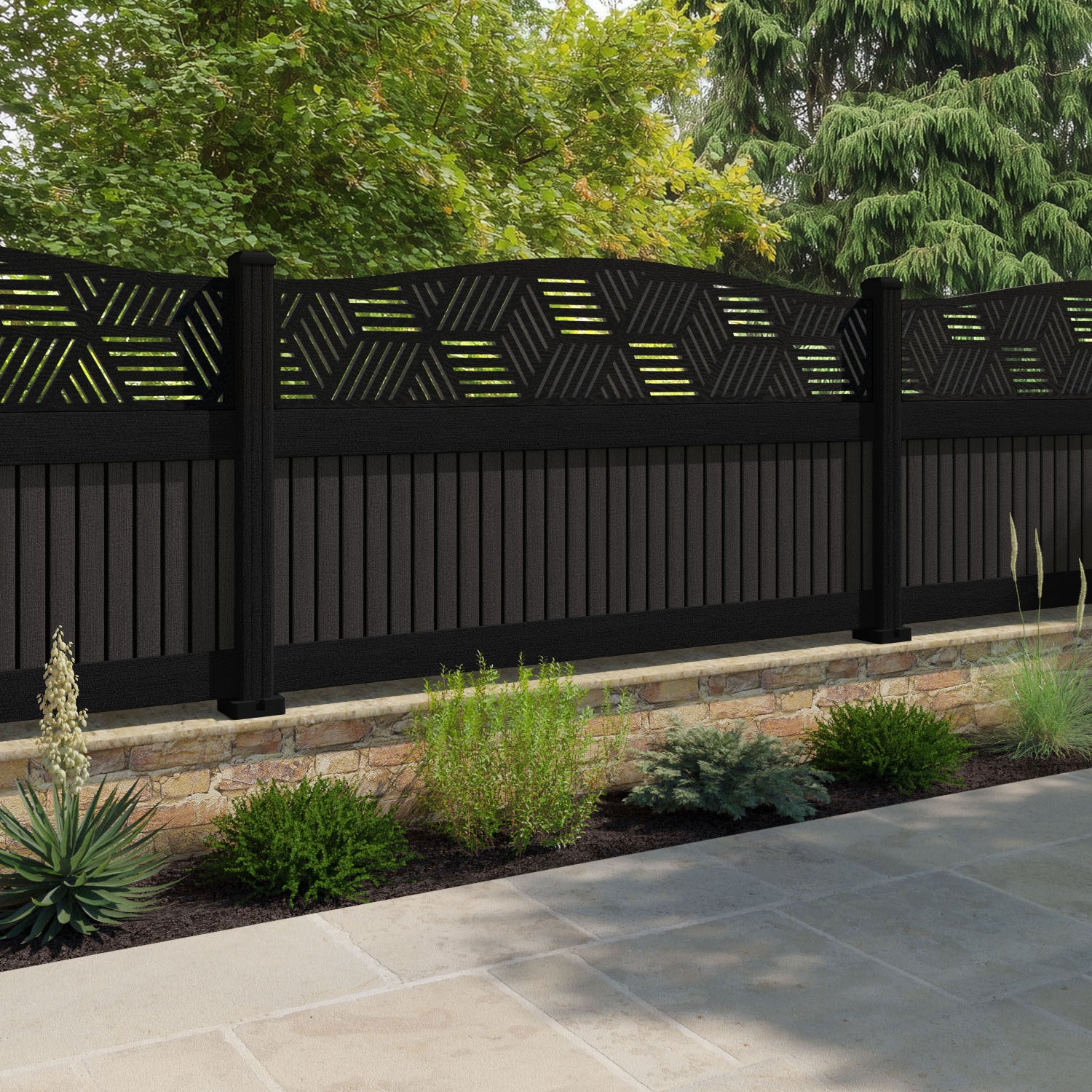 Virtis Cubed Curved Top Fence Panel - Dark Oak - with our aluminium posts