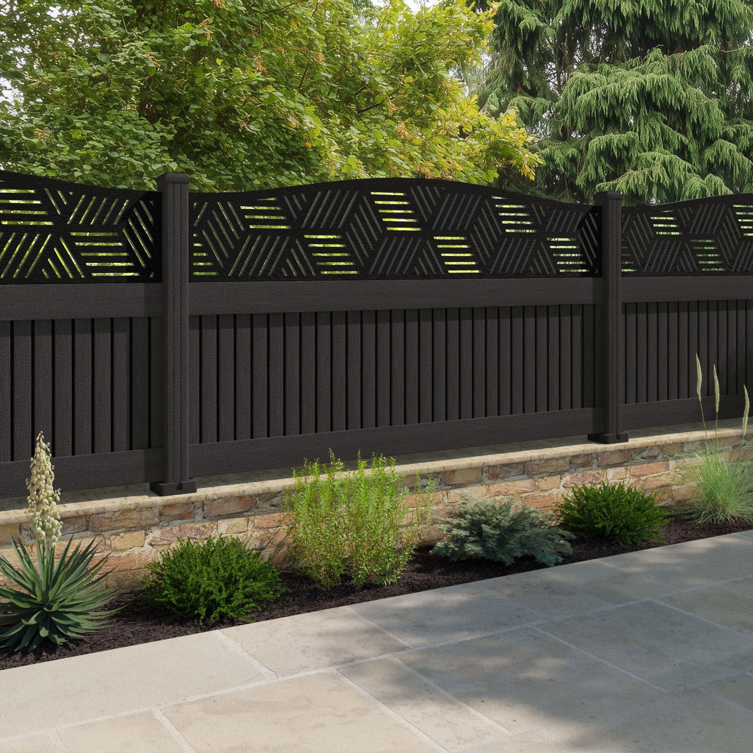 Virtis Cubed Curved Top Fence Panel - Dark Oak - with our composite posts