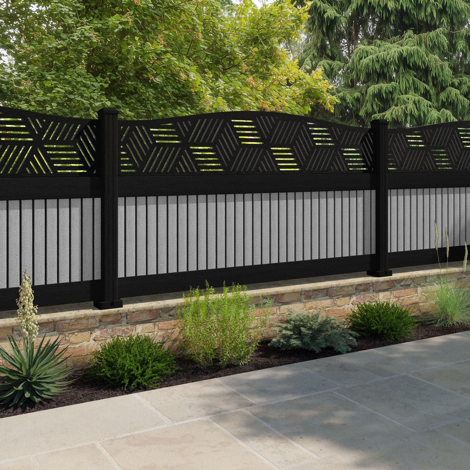 Virtis Cubed Curved Top Fence Panel - Light Grey - with our aluminium posts