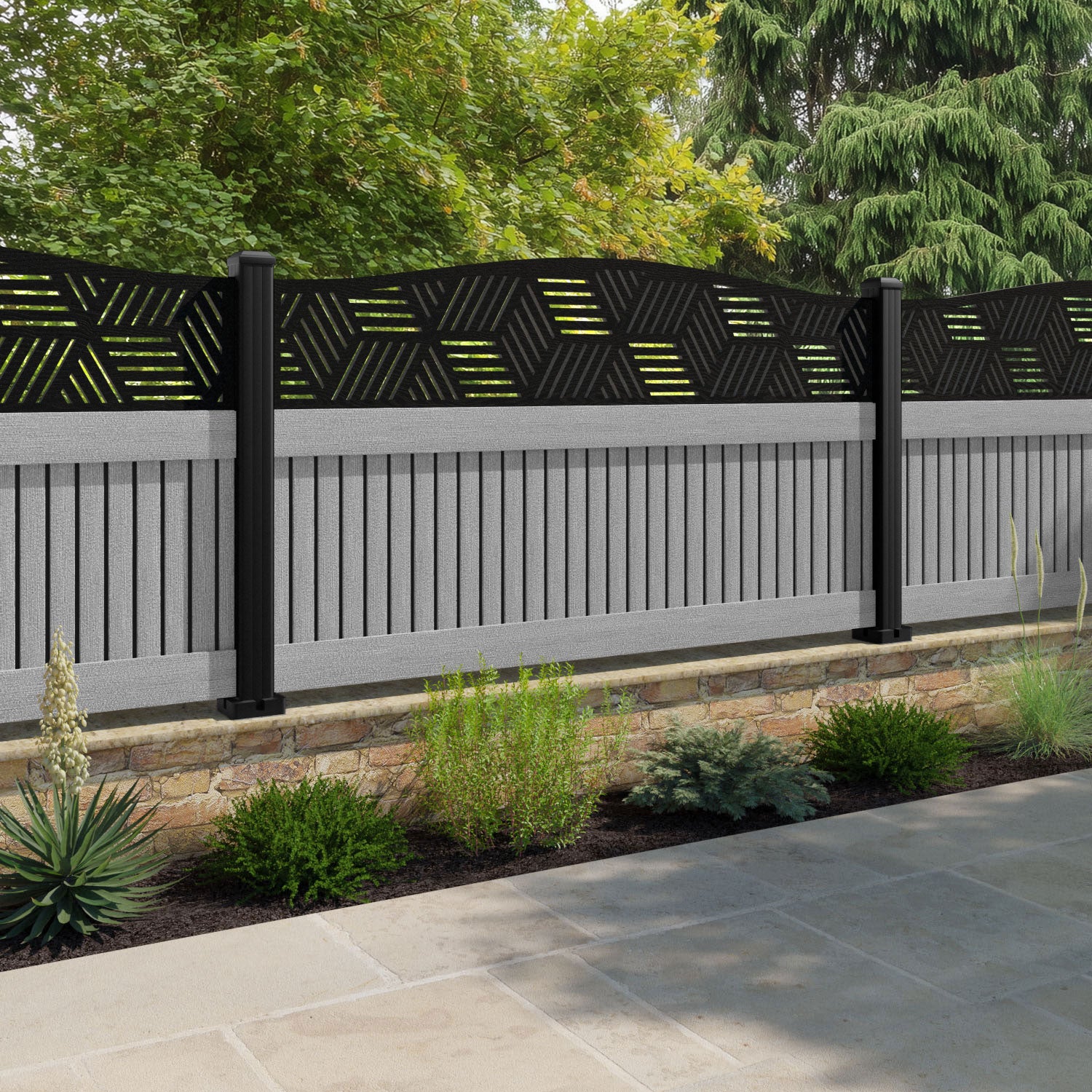 Virtis Cubed Curved Top Fence Panel - Light Grey - with our composite posts