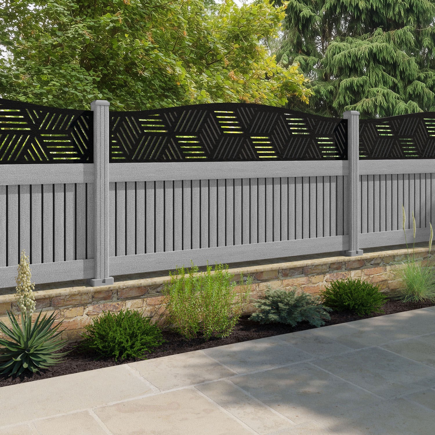 Virtis Cubed Curved Top Fence Panel - Light Grey - with our composite posts