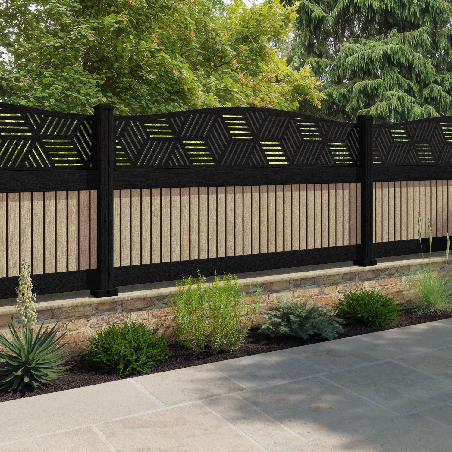 Virtis Cubed Curved Top Fence Panel - Light Oak - with our aluminium posts