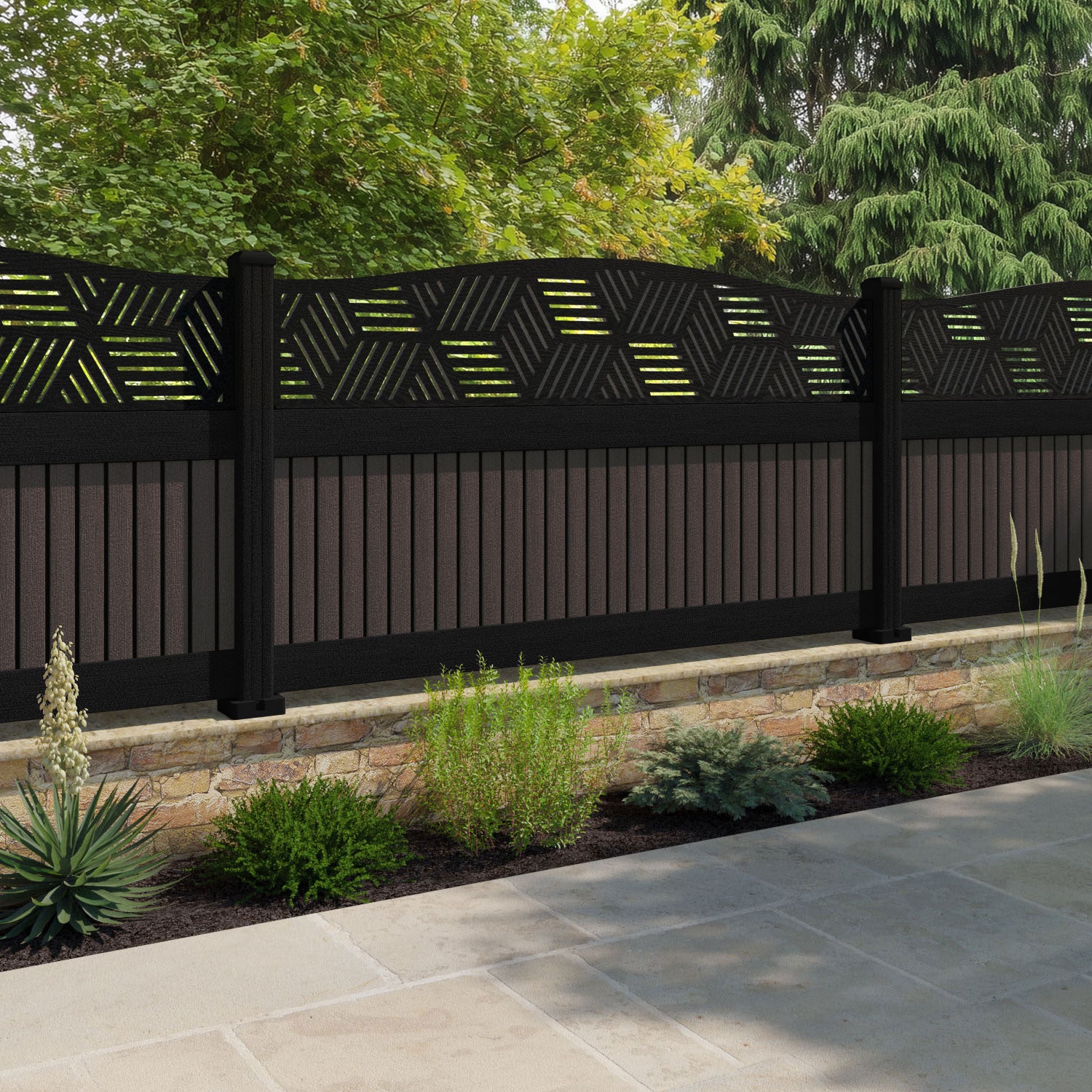 Virtis Cubed Curved Top Fence Panel - Mid Brown - with our composite posts