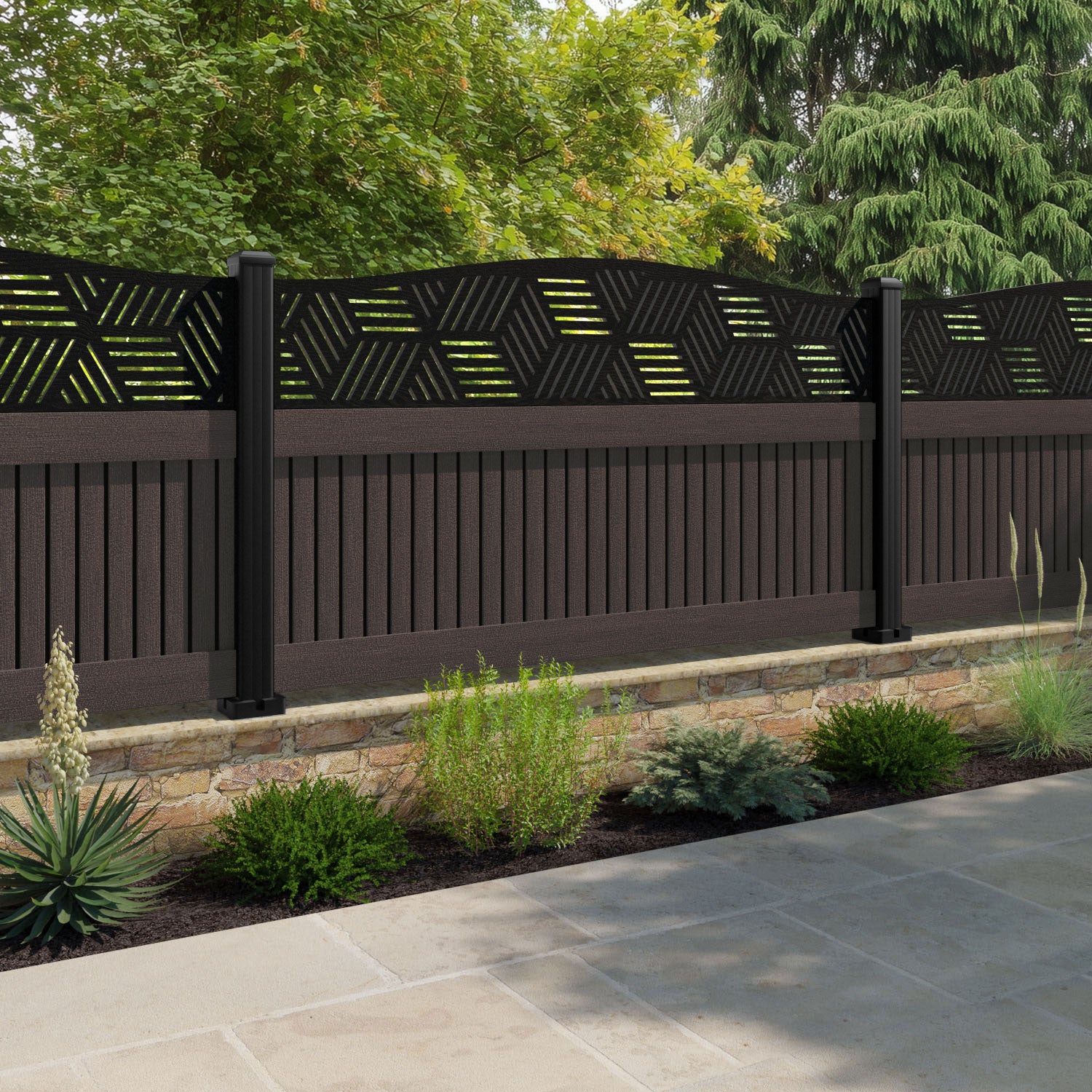 Virtis Cubed Curved Top Fence Panel - Mid Brown - with our aluminium posts