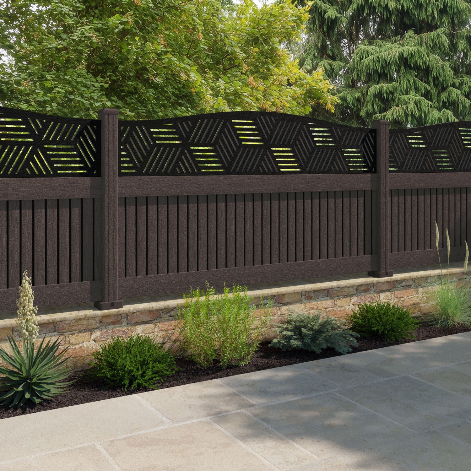 Virtis Cubed Curved Top Fence Panel - Mid Brown - with our composite posts