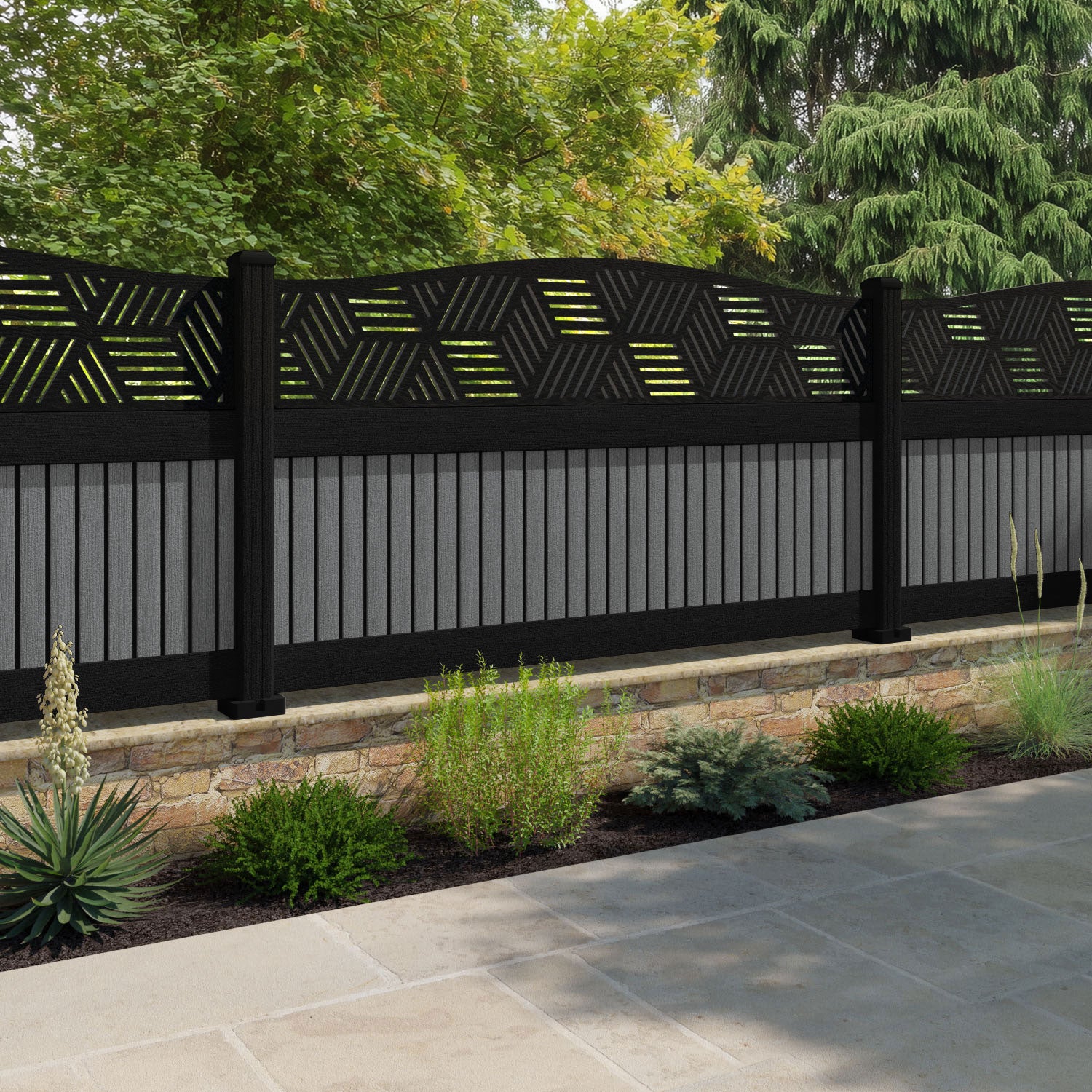 Virtis Cubed Curved Top Fence Panel - Mid Grey - with our aluminium posts