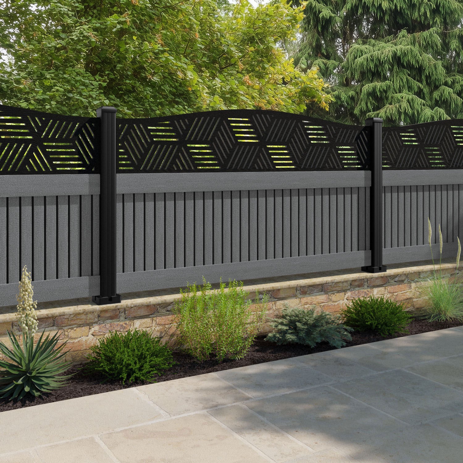 Virtis Cubed Curved Top Fence Panel - Mid Grey - with our aluminium posts