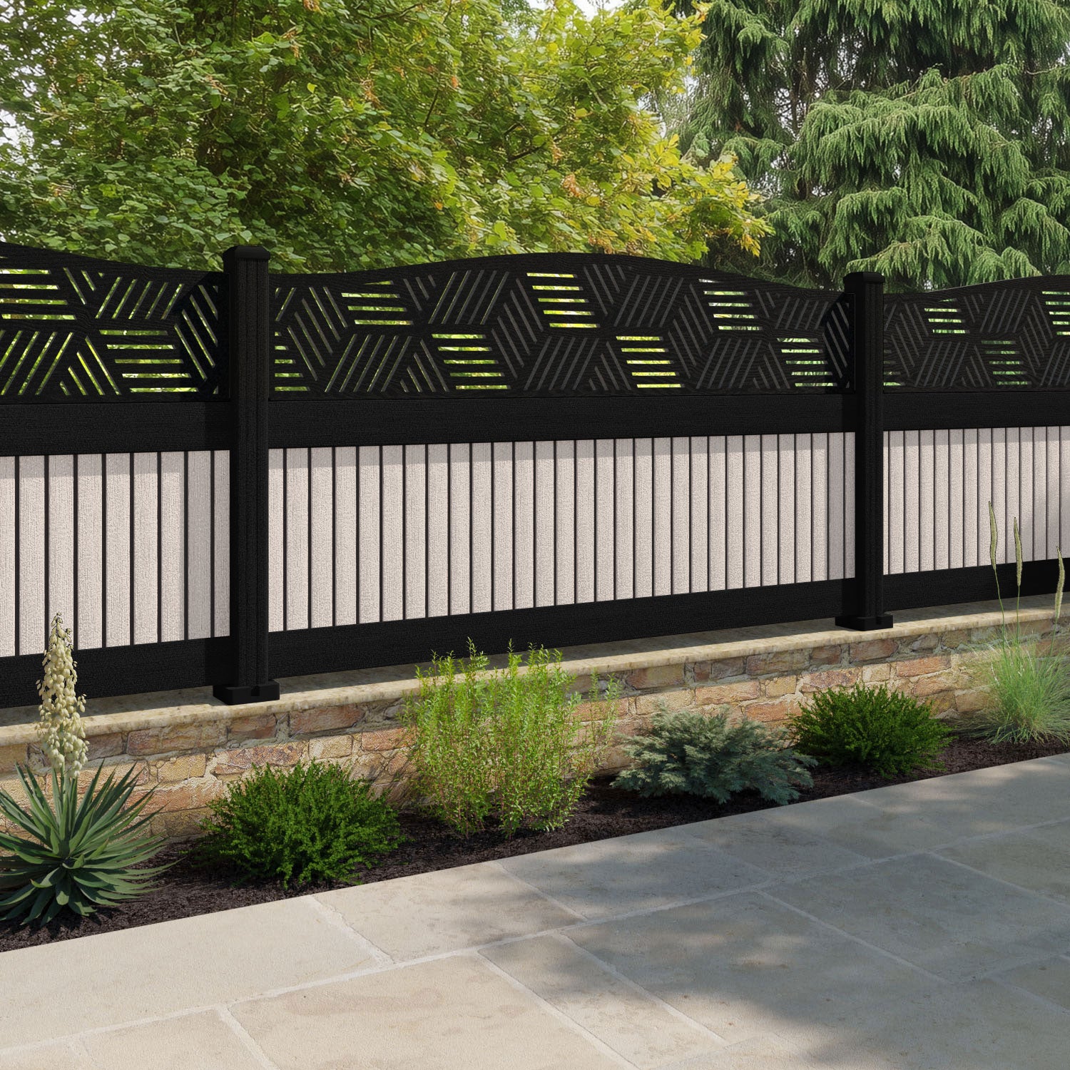 Virtis Cubed Curved Top Fence Panel - Mid Stone - with our composite posts