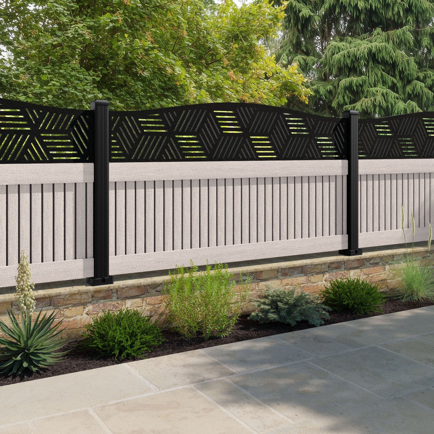 Virtis Cubed Curved Top Fence Panel - Mid Stone - with our aluminium posts