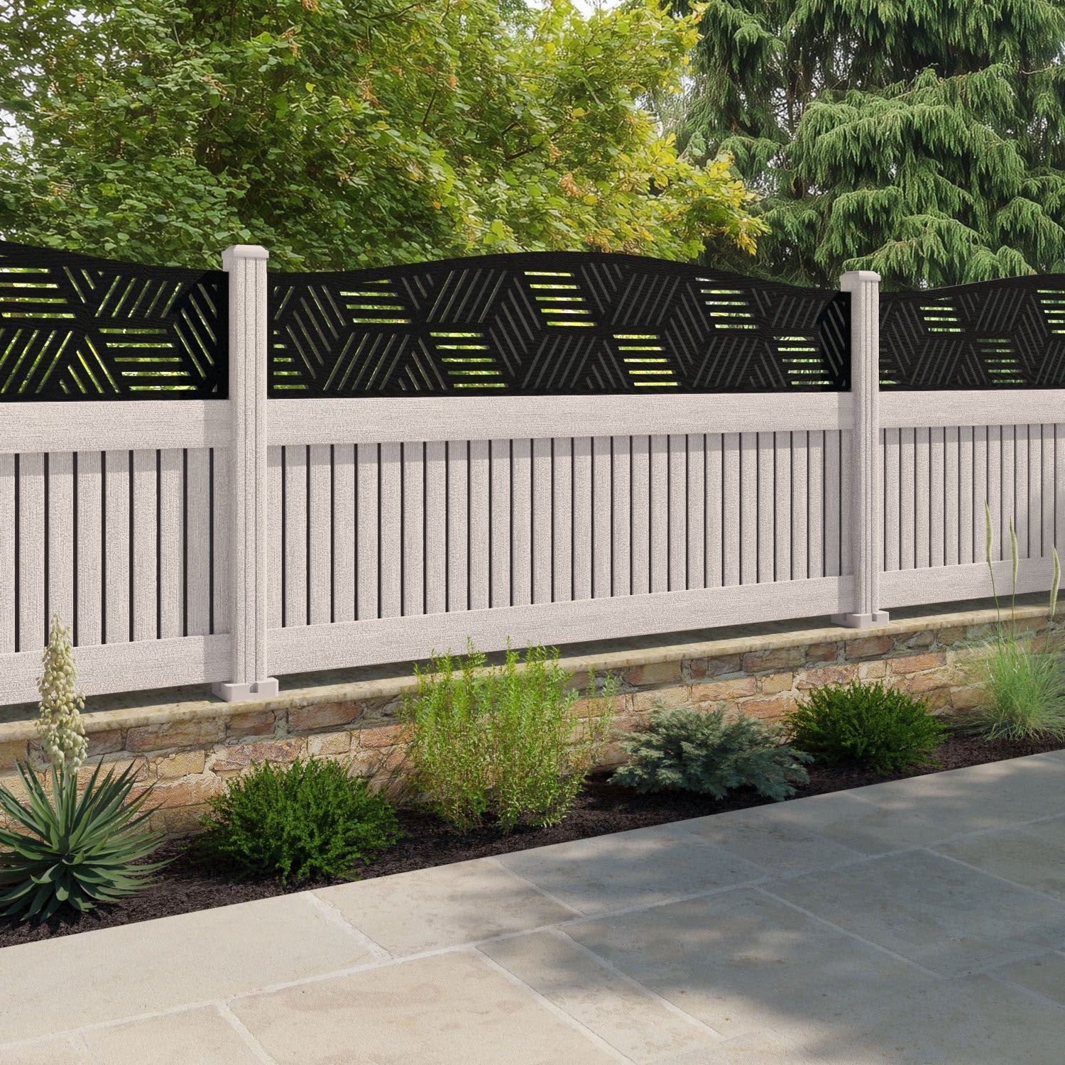 Virtis Cubed Curved Top Fence Panel - Mid Stone - with our composite posts
