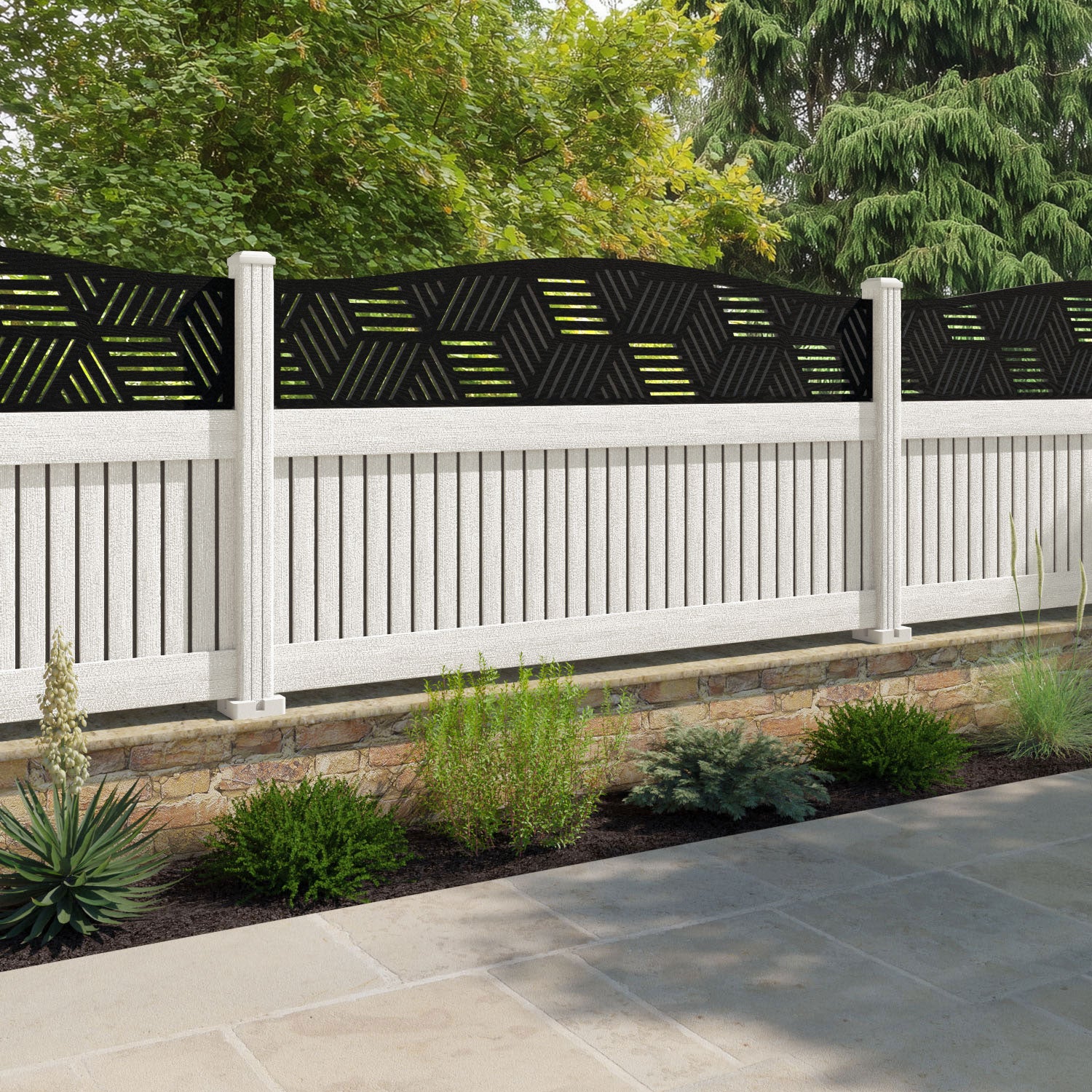 Virtis Cubed Curved Top Fence Panel - Light Stone - with our composite posts