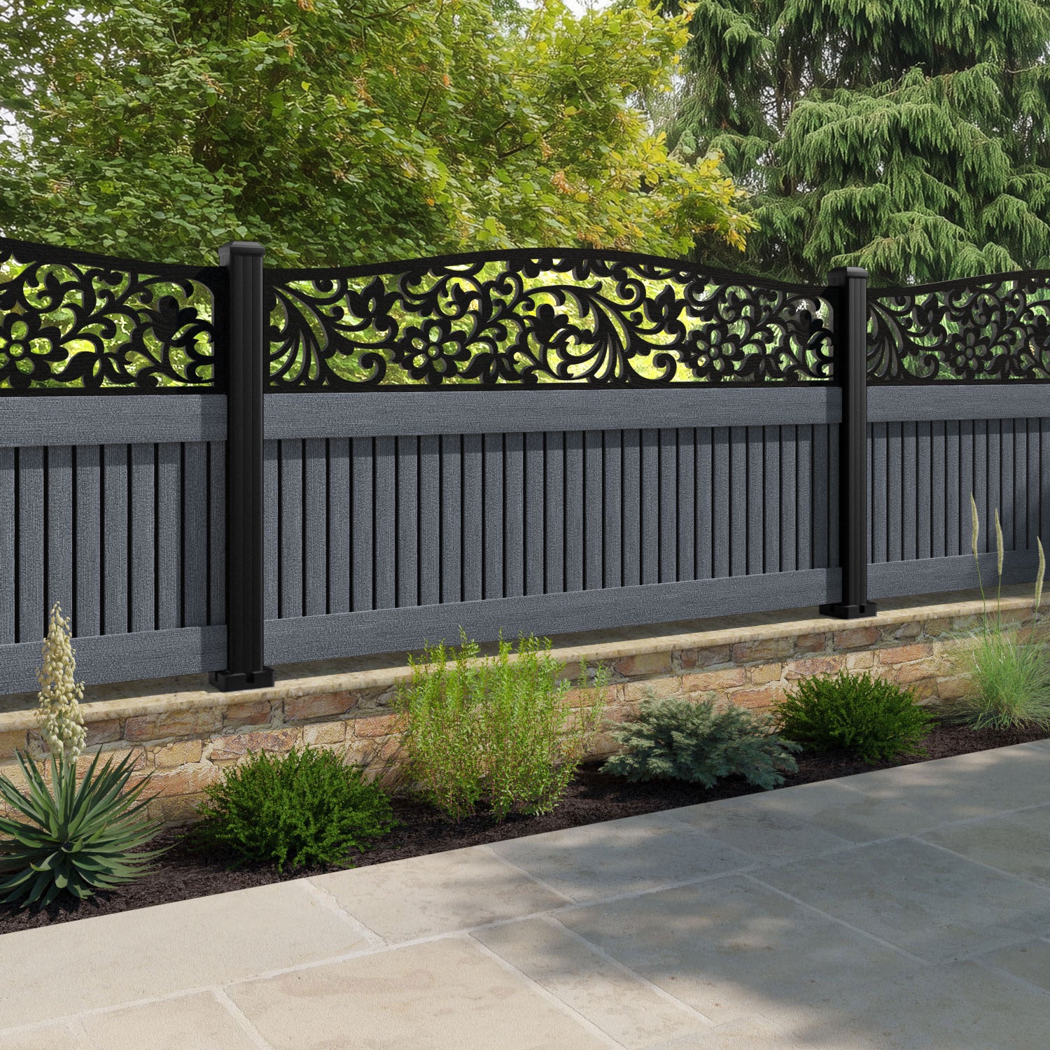 Virtis Eden Curved Top Fence Panel - Anthracite - with our composite posts