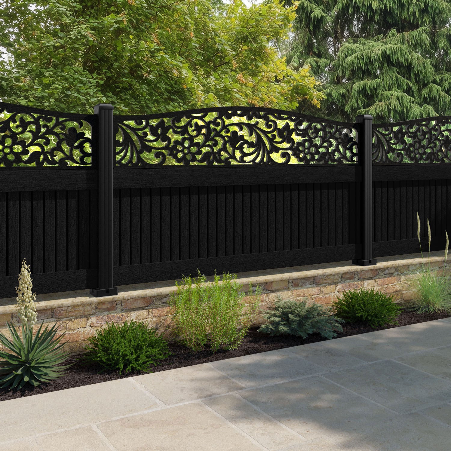 Virtis Eden Curved Top Fence Panel - Black - with our aluminium posts