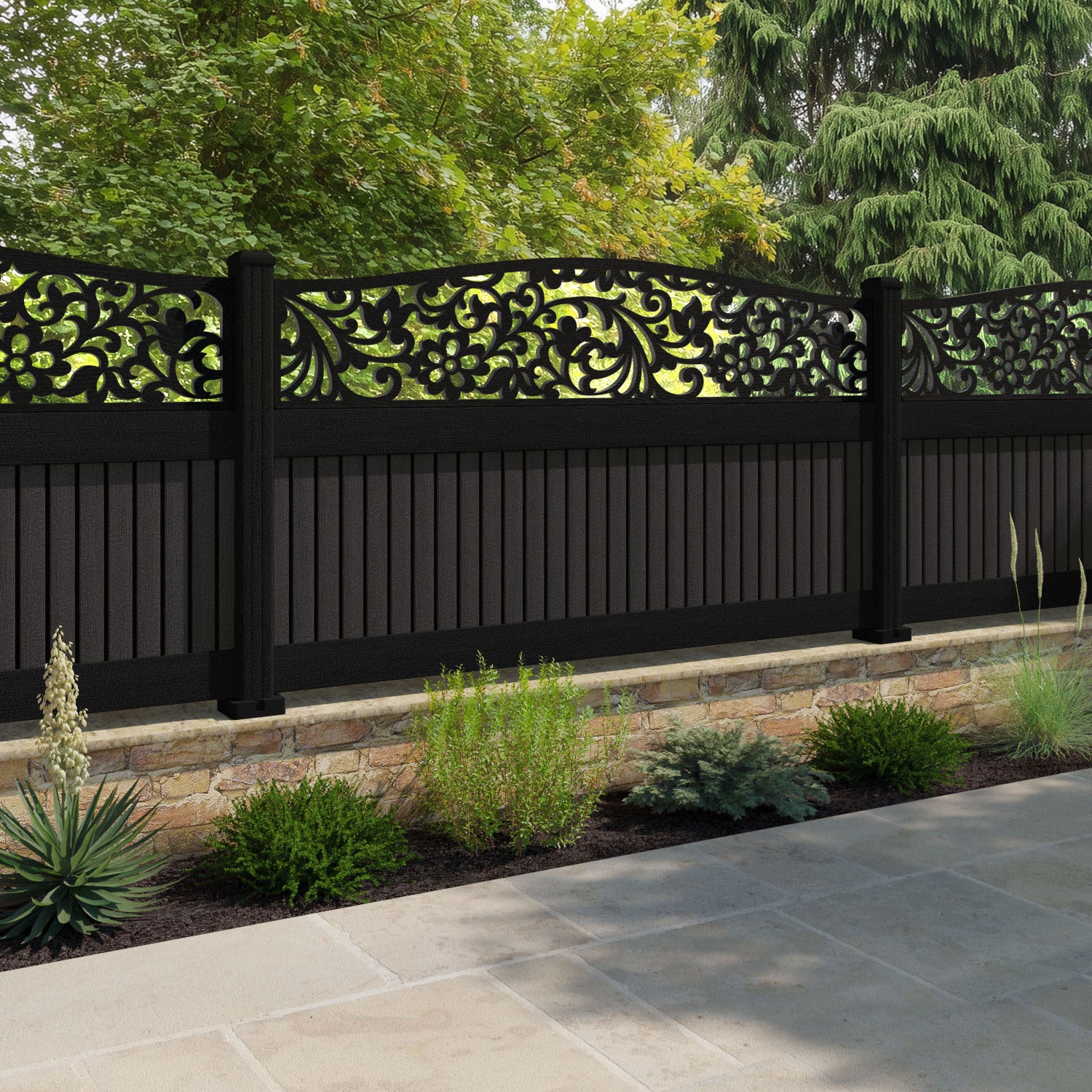Virtis Eden Curved Top Fence Panel - Dark Oak - with our aluminium posts