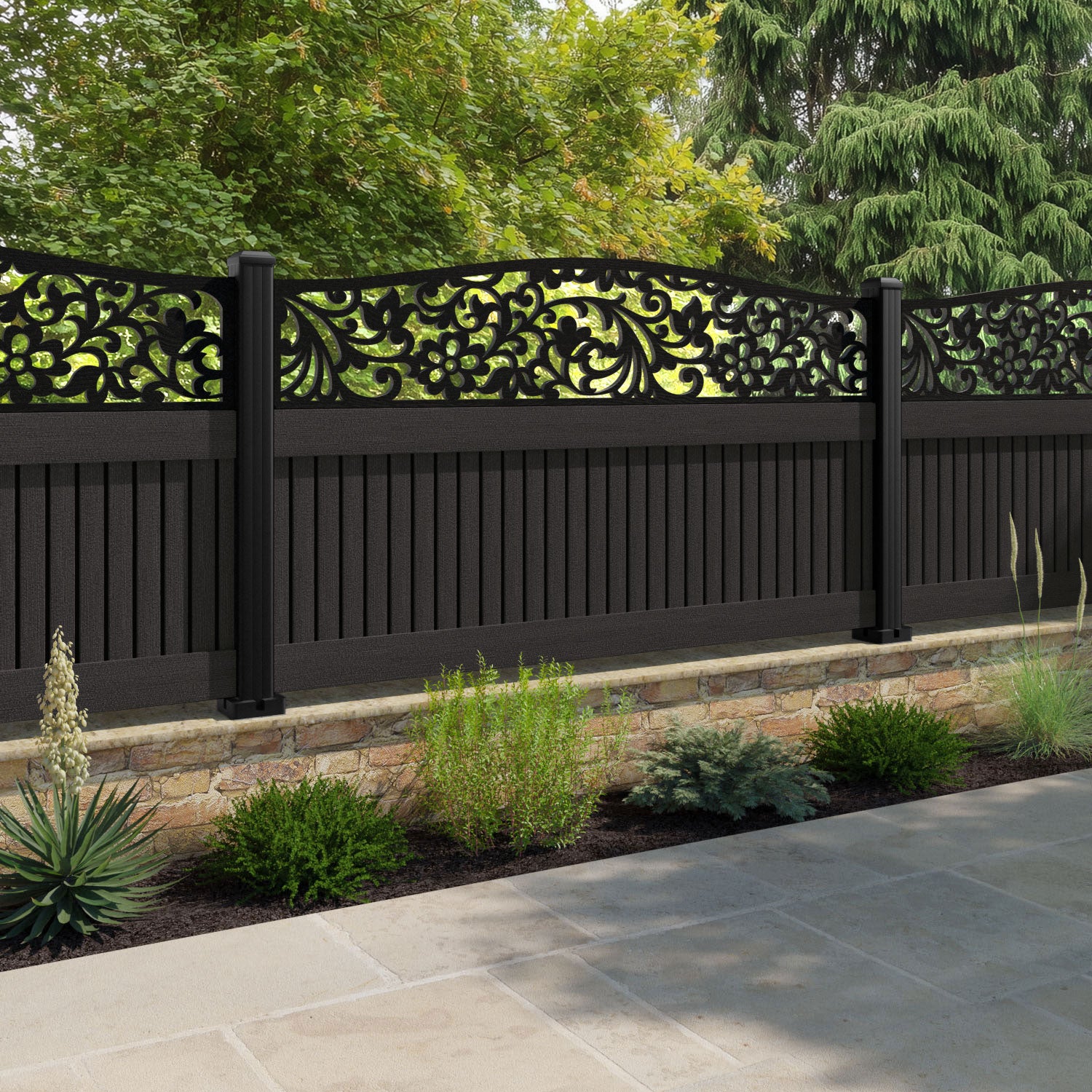 Virtis Eden Curved Top Fence Panel - Dark Oak - with our aluminium posts