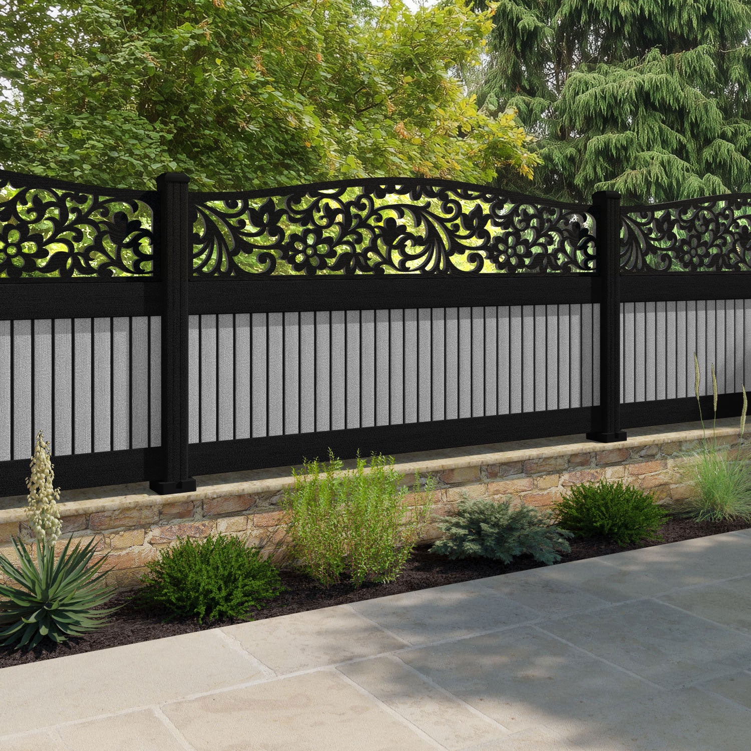 Virtis Eden Curved Top Fence Panel - Light Grey - with our aluminium posts