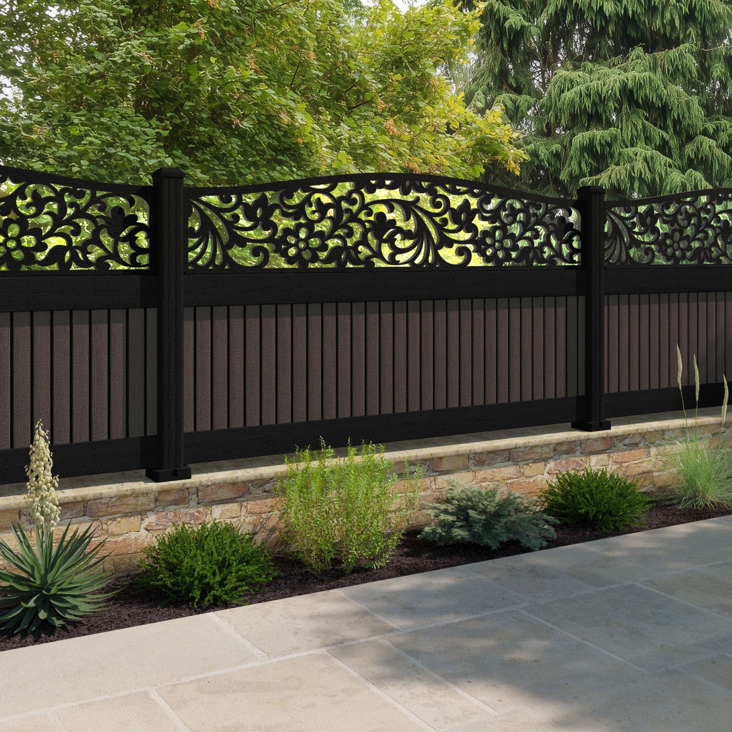 Virtis Eden Curved Top Fence Panel - Mid Brown - with our composite posts