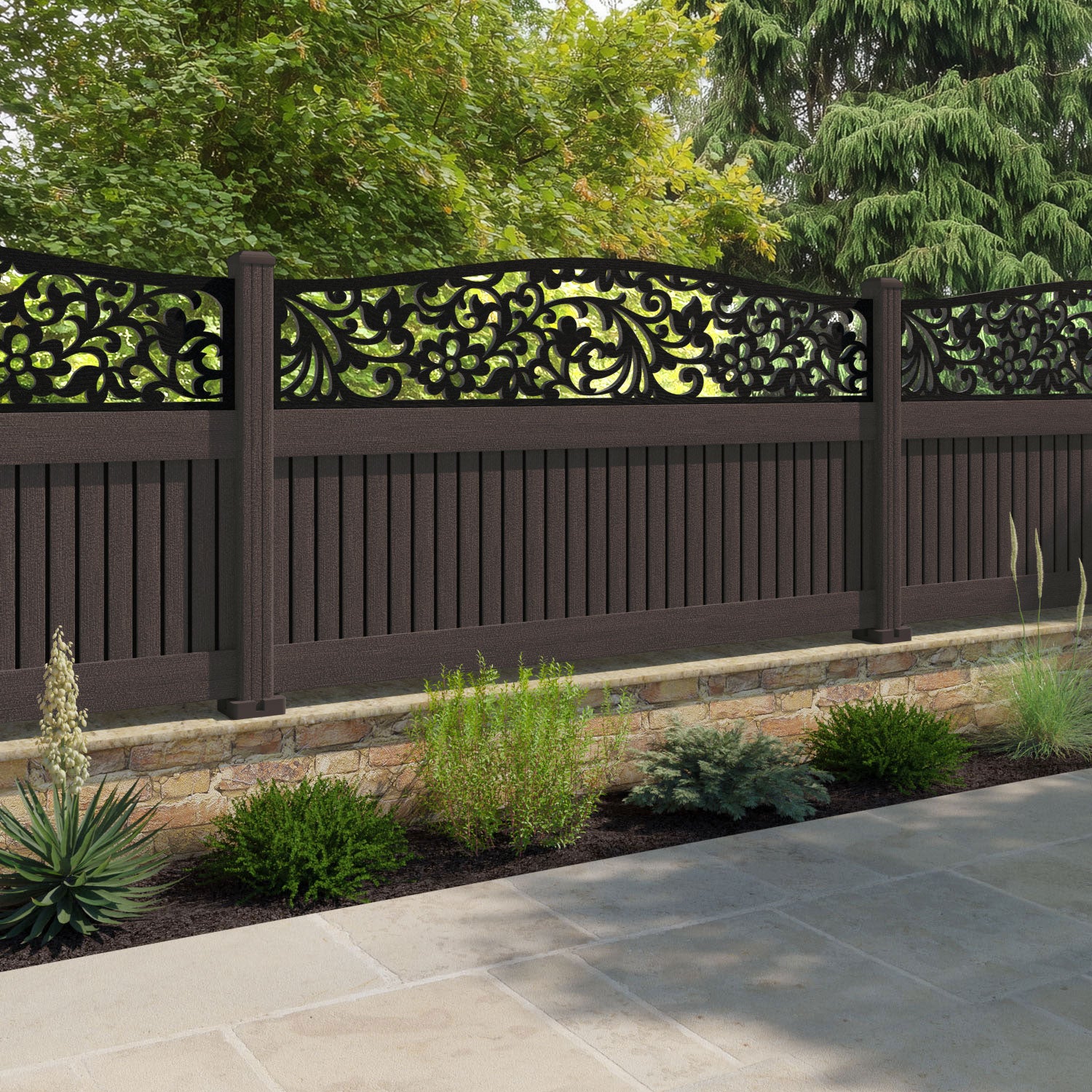 Virtis Eden Curved Top Fence Panel - Mid Brown - with our composite posts