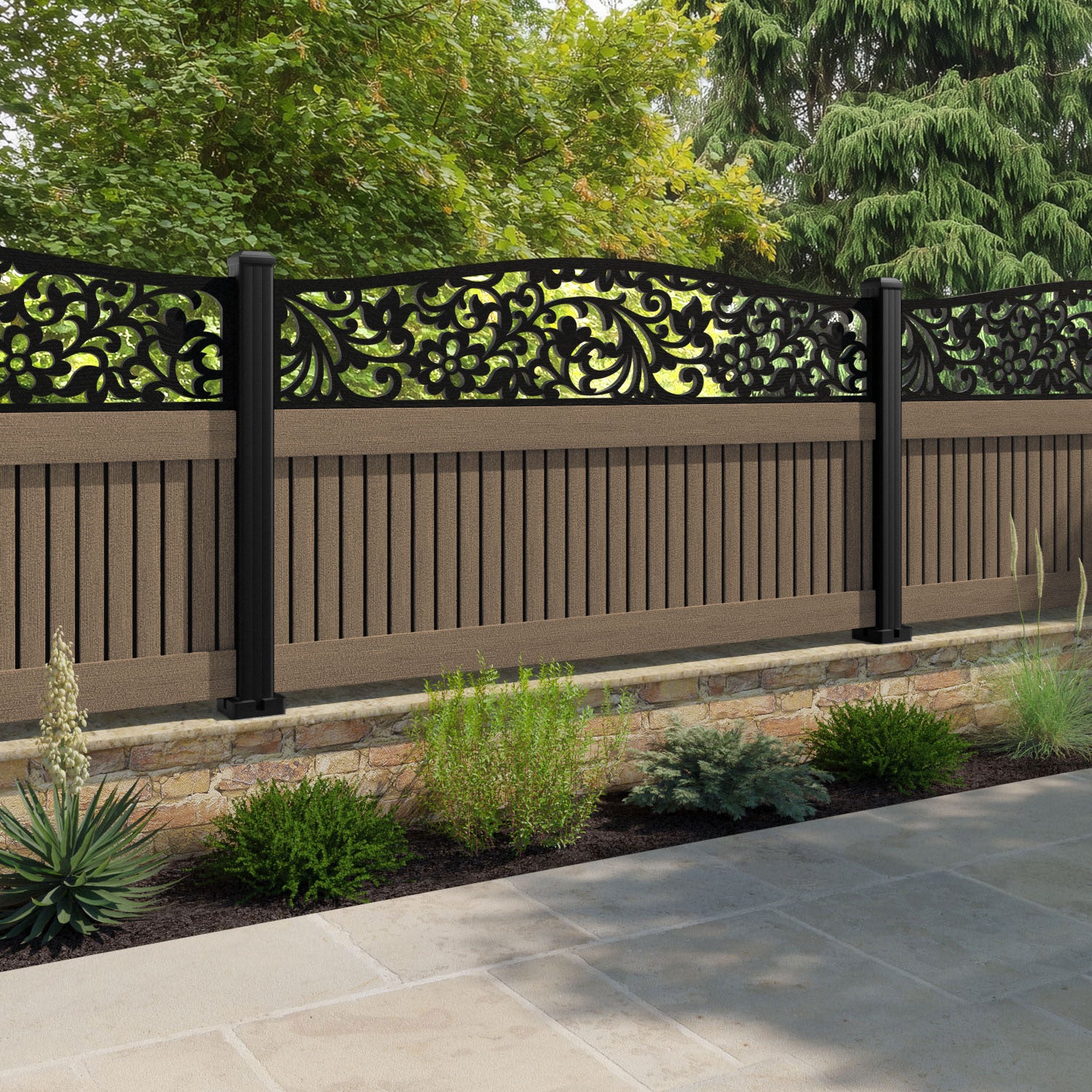 Virtis Eden Curved Top Fence Panel - Teak - with our aluminium posts