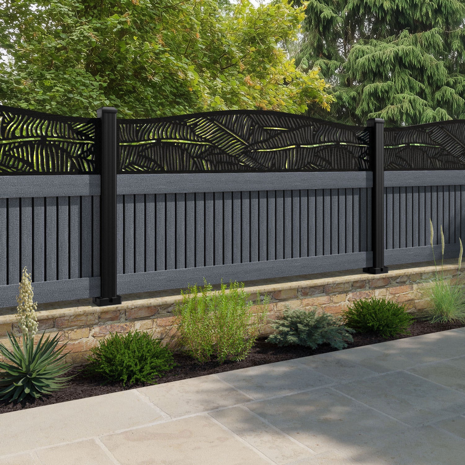 Virtis Feather Curved Top Fence Panel - Anthracite - with our aluminium posts