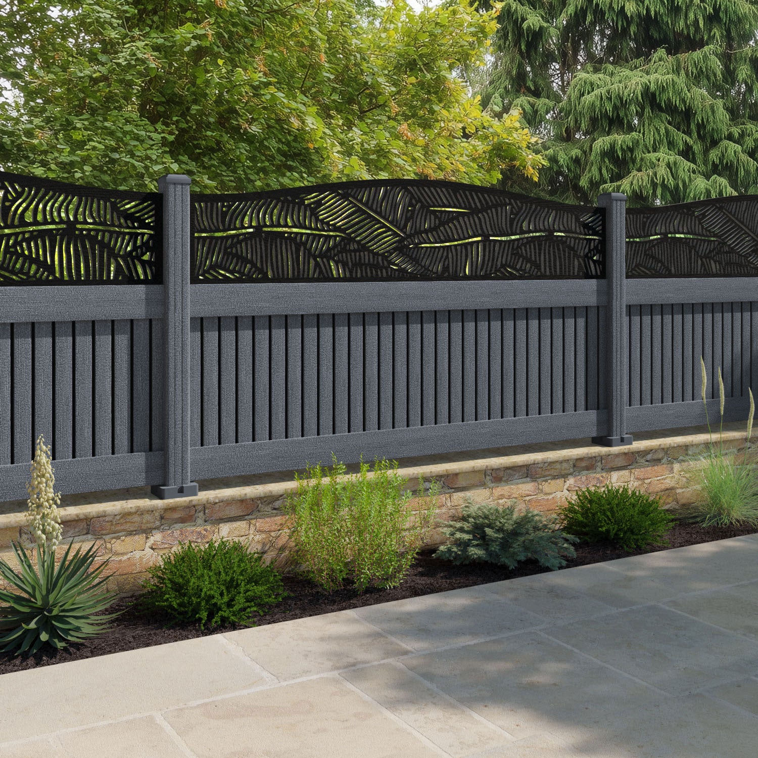 Virtis Feather Curved Top Fence Panel - Anthracite - with our composite posts