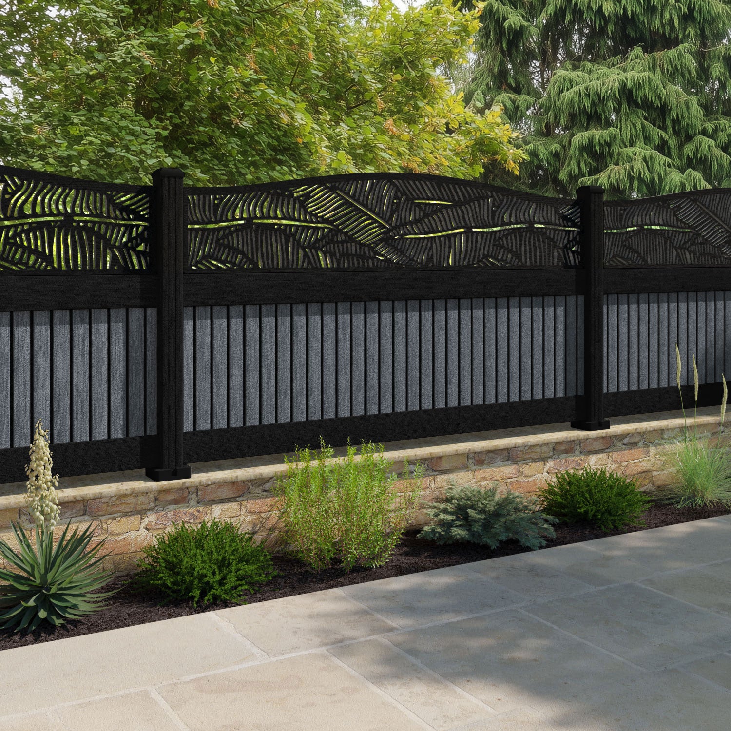 Virtis Feather Curved Top Fence Panel - Anthracite - with our aluminium posts