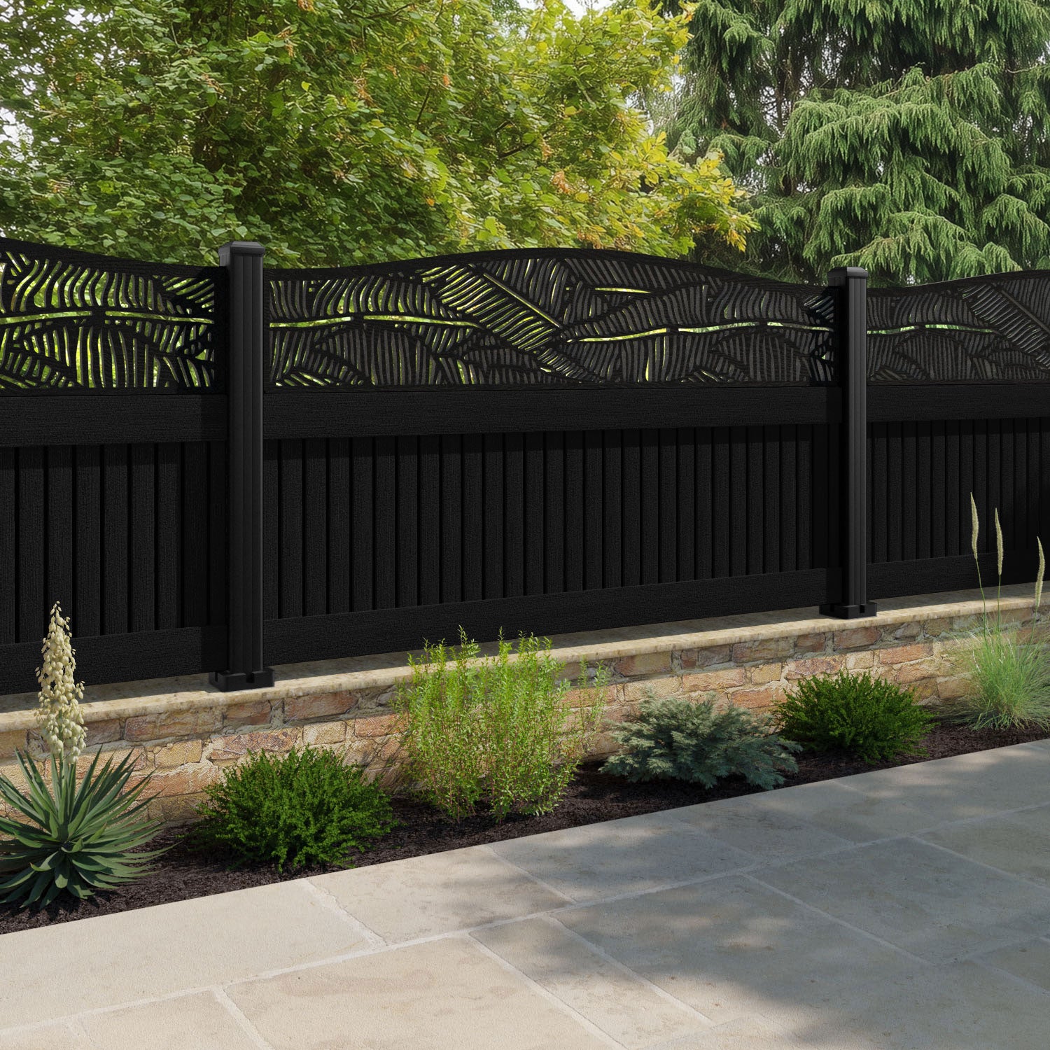 Virtis Feather Curved Top Fence Panel - Black - with our aluminium posts