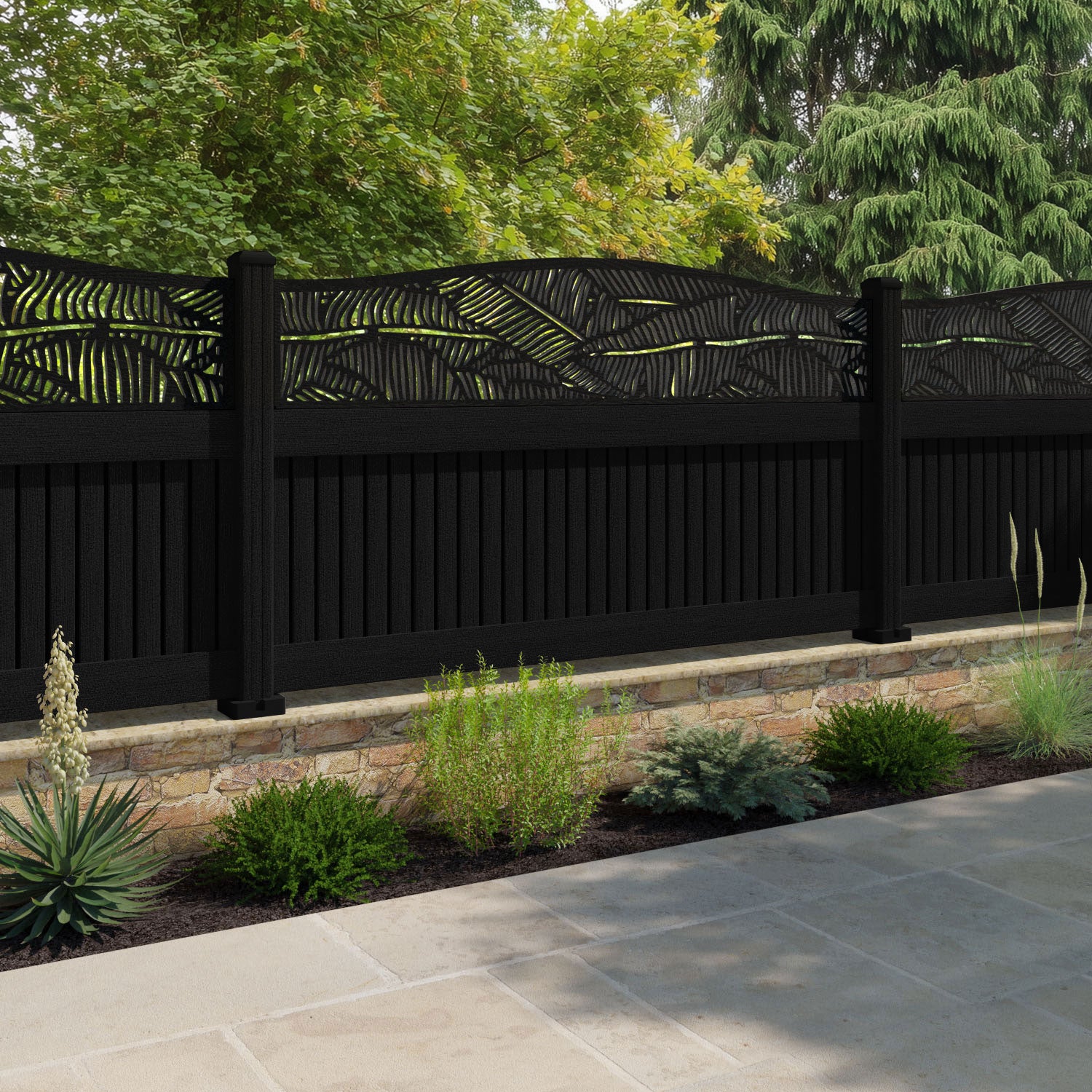 Virtis Feather Curved Top Fence Panel - Black - with our composite posts