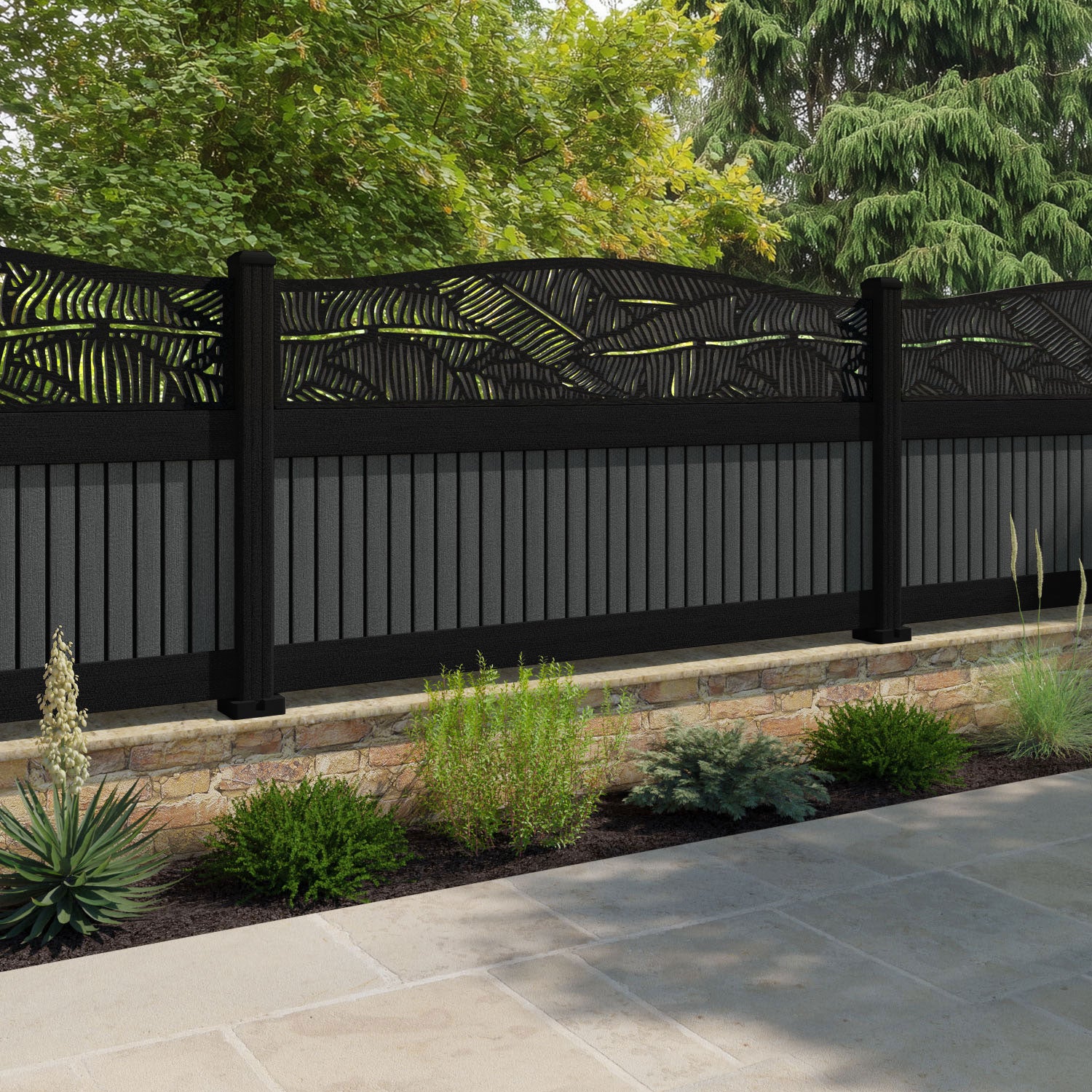 Virtis Feather Curved Top Fence Panel - Dark Grey - with our composite posts