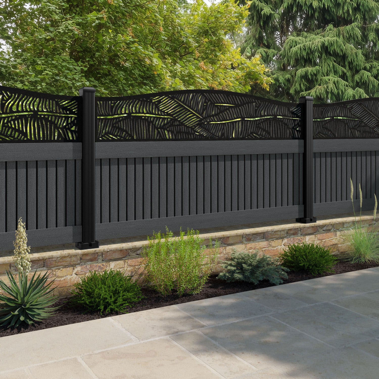 Virtis Feather Curved Top Fence Panel - Dark Grey - with our composite posts