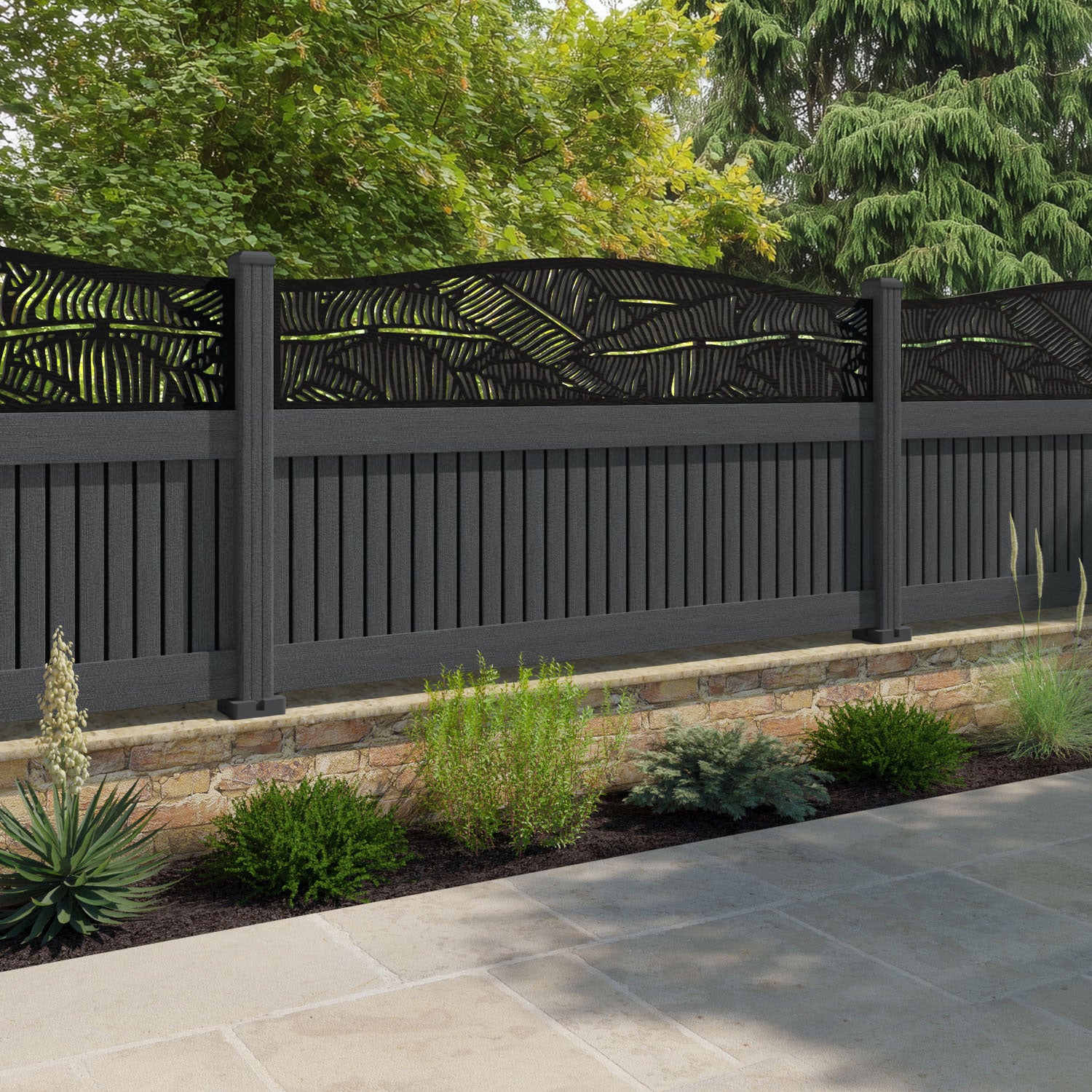 Virtis Feather Curved Top Fence Panel - Dark Grey - with our composite posts