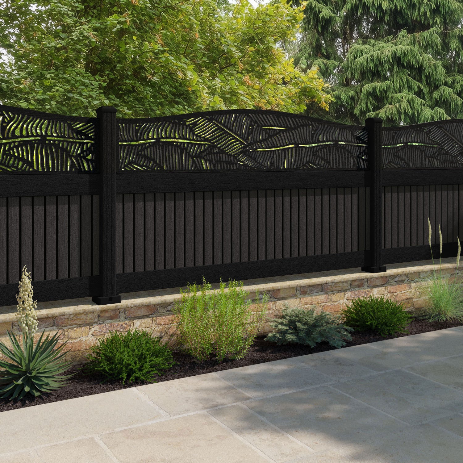 Virtis Feather Curved Top Fence Panel - Dark Oak - with our aluminium posts