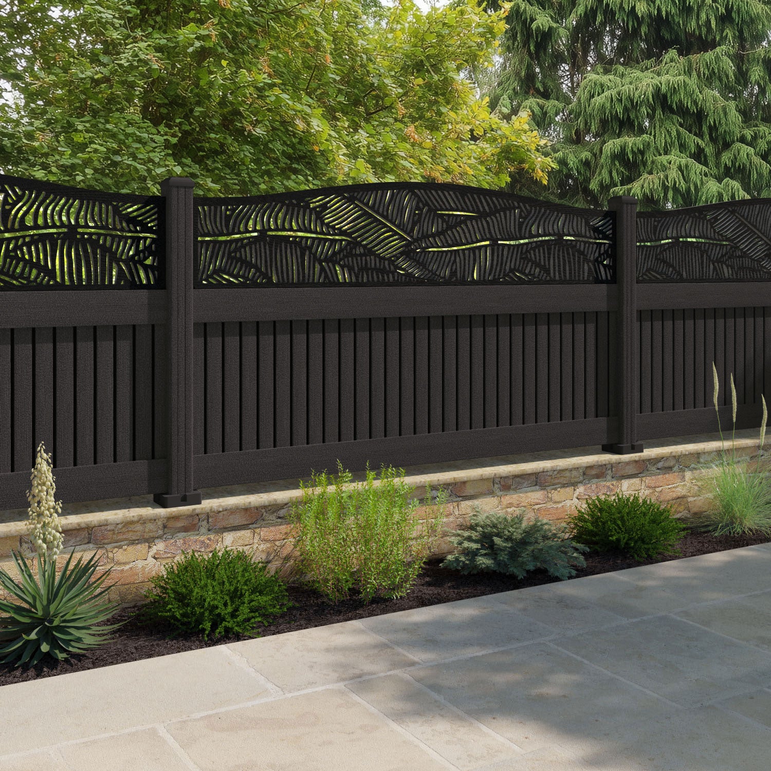 Virtis Feather Curved Top Fence Panel - Dark Oak - with our composite posts