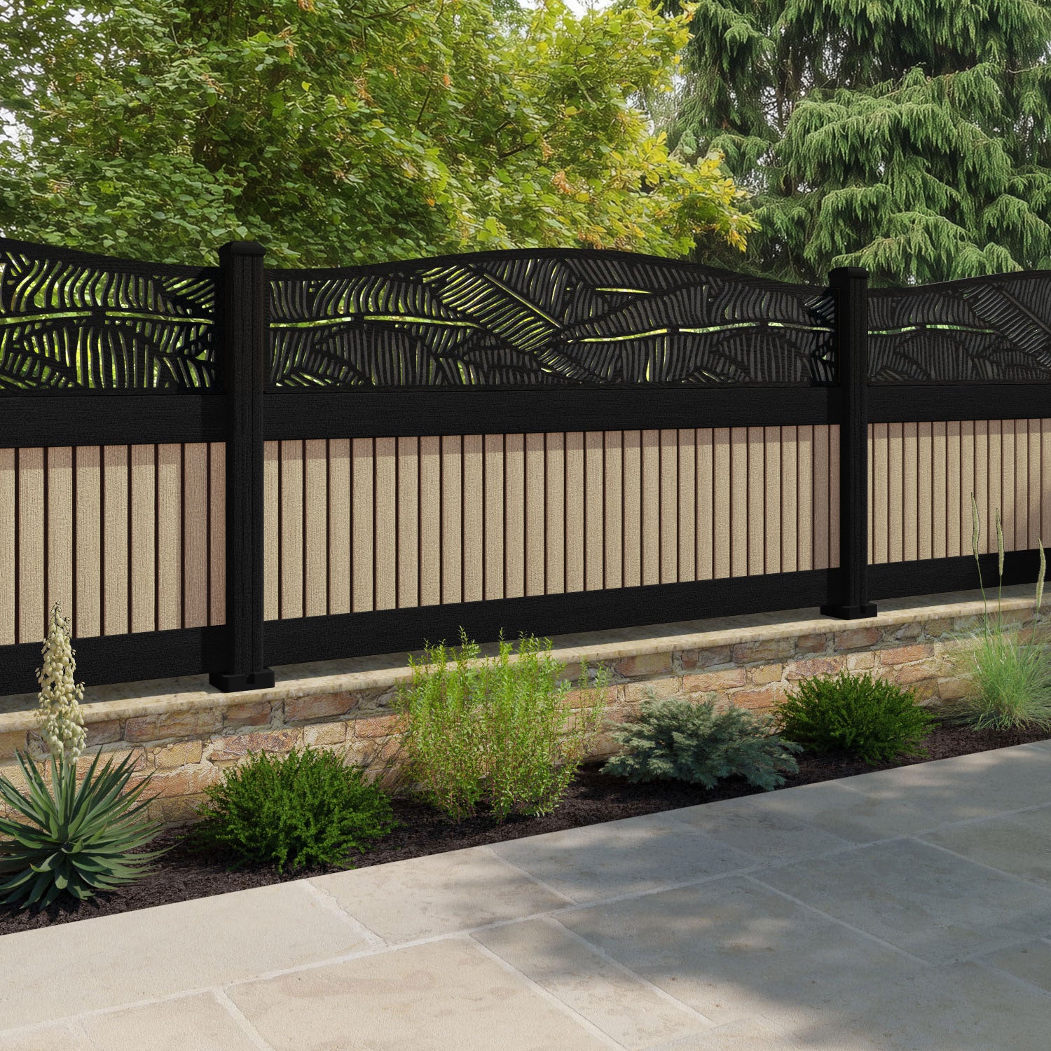 Virtis Feather Curved Top Fence Panel - Light Oak - with our composite posts